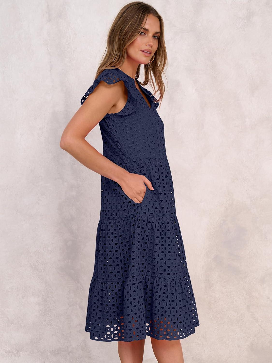 imageANRABESS Womens 2025 Summer Midi Dress Hollow Out Eyelet Ruffle Sleeve V Neck Casual Flowy Tiered Beach Vacation SundressNavy Blue
