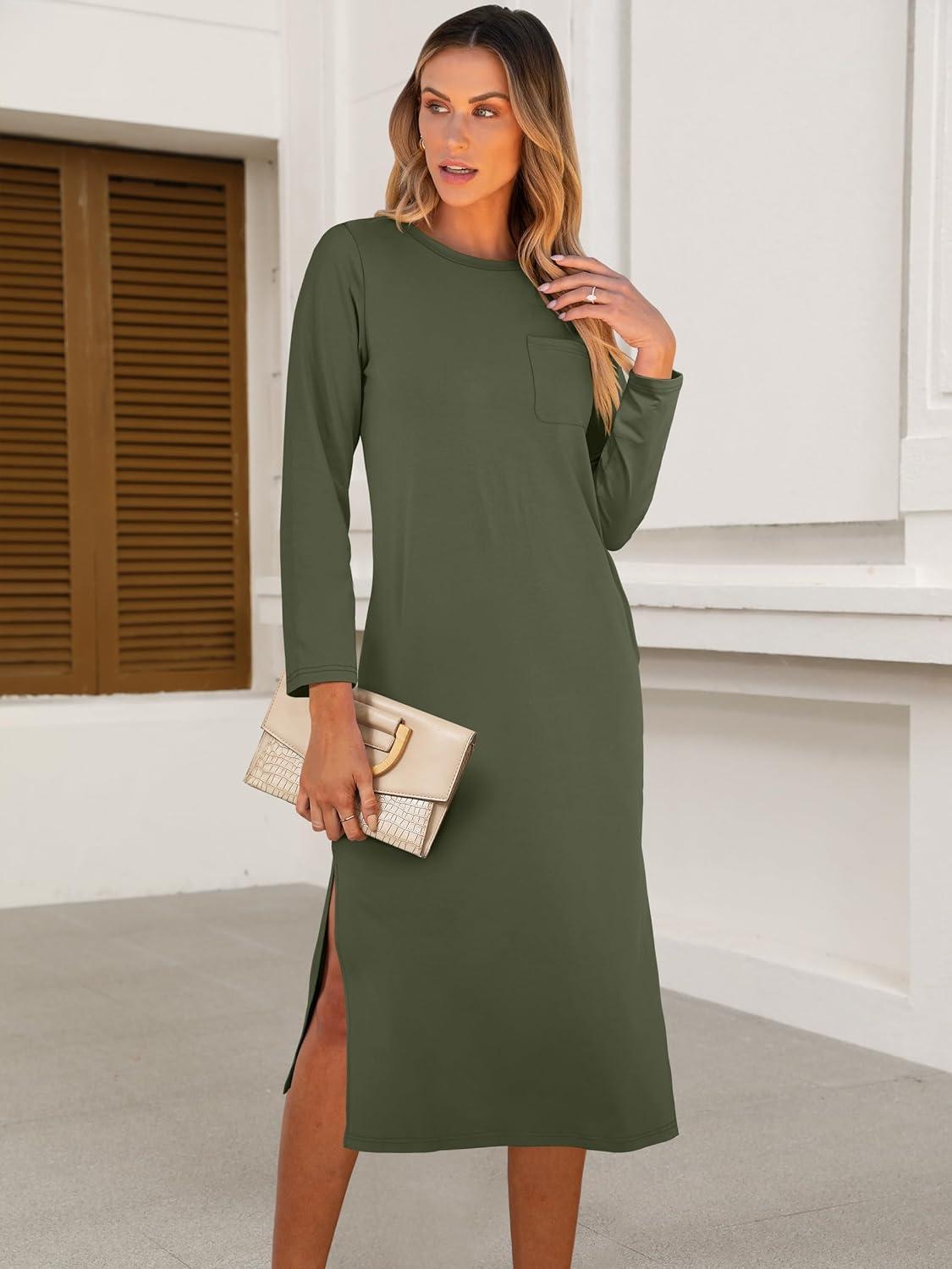 imageANRABESS Womens 34 Long Sleeve Striped Slit Midi T Shirt Dresses with Pockets 2025 Dressy Casual Fall Fashion Travel OutfitsArmy Green
