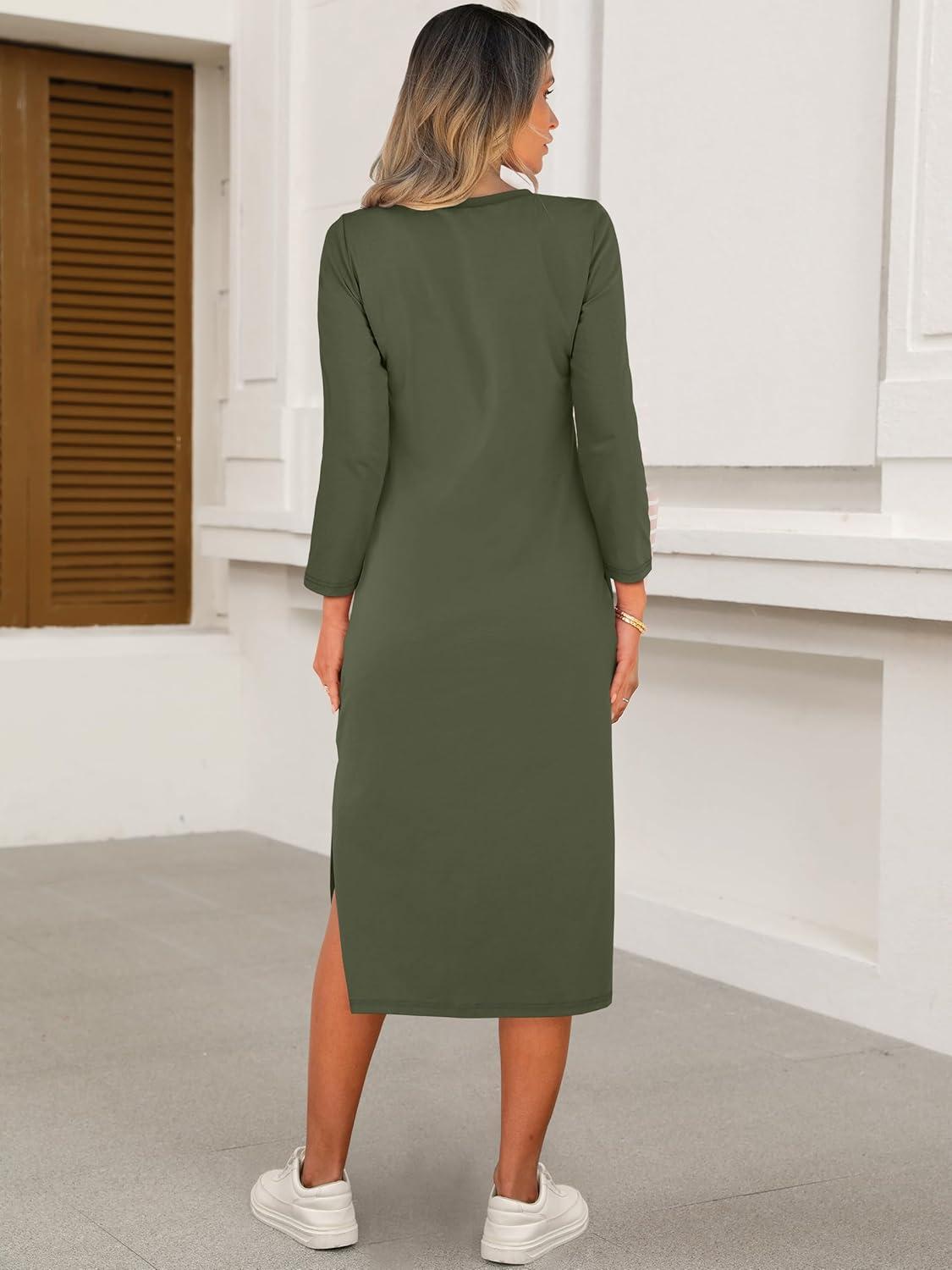 imageANRABESS Womens 34 Long Sleeve Striped Slit Midi T Shirt Dresses with Pockets 2025 Dressy Casual Fall Fashion Travel OutfitsArmy Green