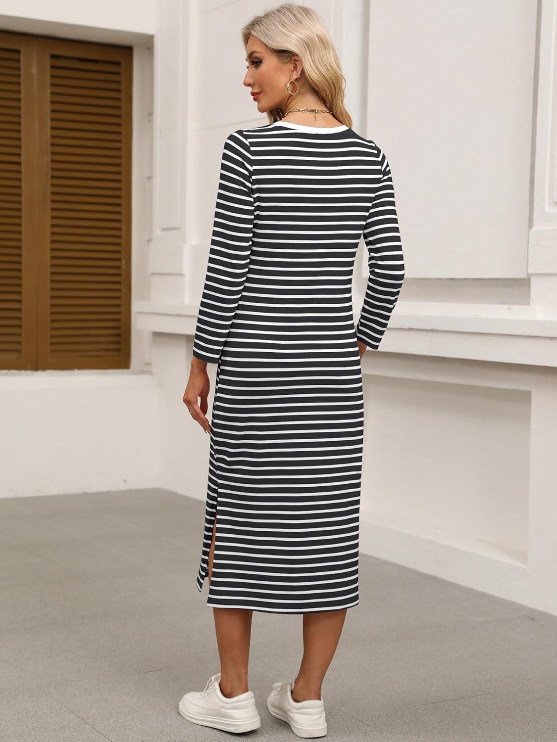 imageANRABESS Womens 34 Long Sleeve Striped Slit Midi T Shirt Dresses with Pockets 2025 Dressy Casual Fall Fashion Travel OutfitsBlack White Stripe