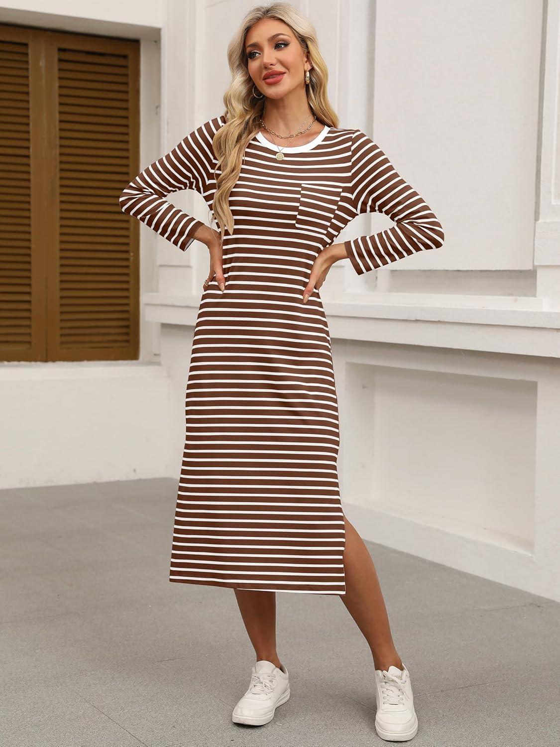imageANRABESS Womens 34 Long Sleeve Striped Slit Midi T Shirt Dresses with Pockets 2025 Dressy Casual Fall Fashion Travel OutfitsBrown White Stripe