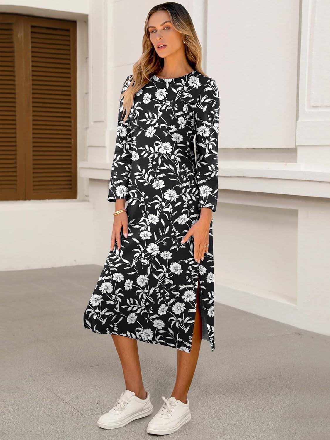 imageANRABESS Womens 34 Long Sleeve Striped Slit Midi T Shirt Dresses with Pockets 2025 Dressy Casual Fall Fashion Travel OutfitsFloral Black