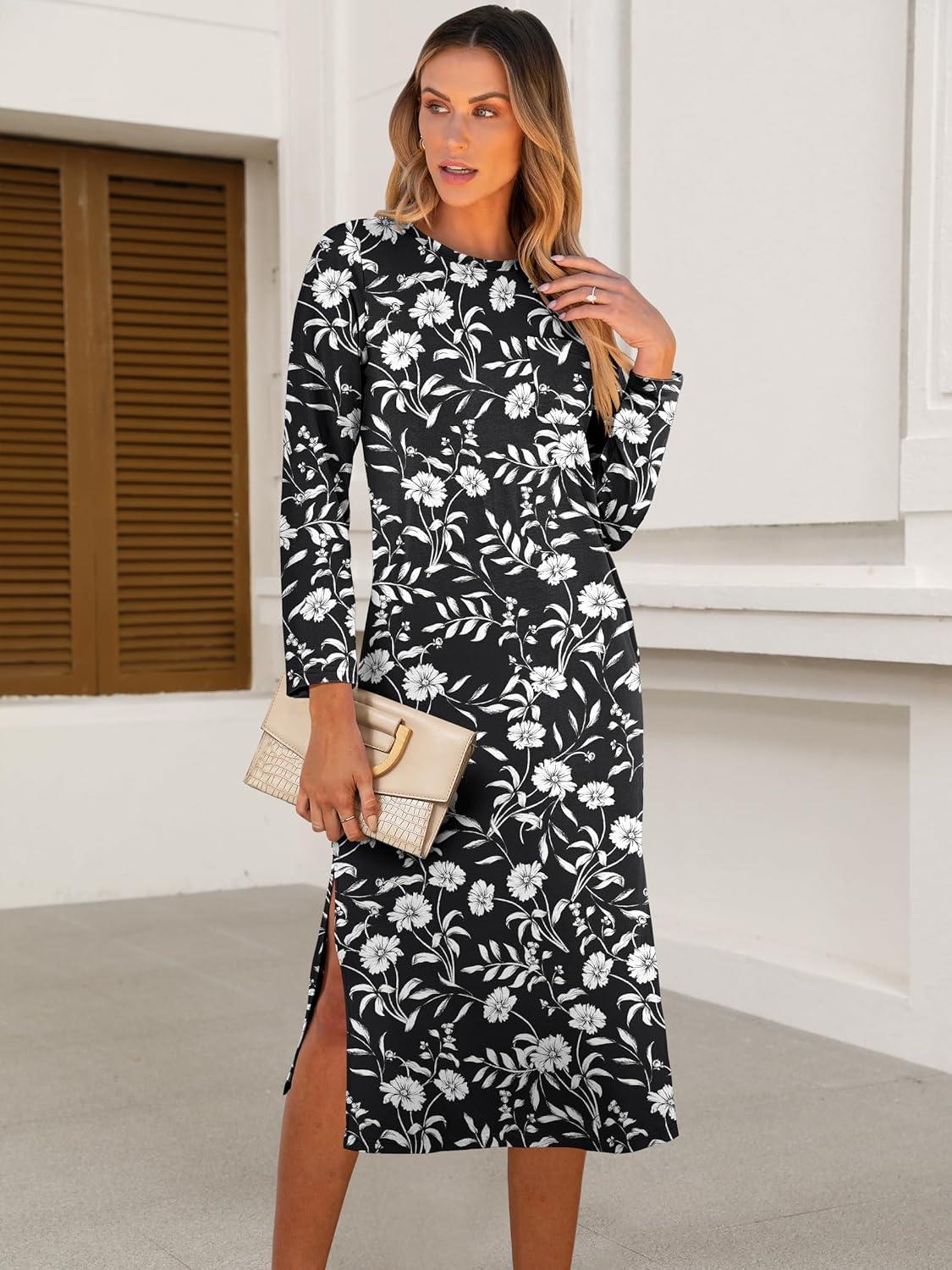 imageANRABESS Womens 34 Long Sleeve Striped Slit Midi T Shirt Dresses with Pockets 2025 Dressy Casual Fall Fashion Travel OutfitsFloral Black