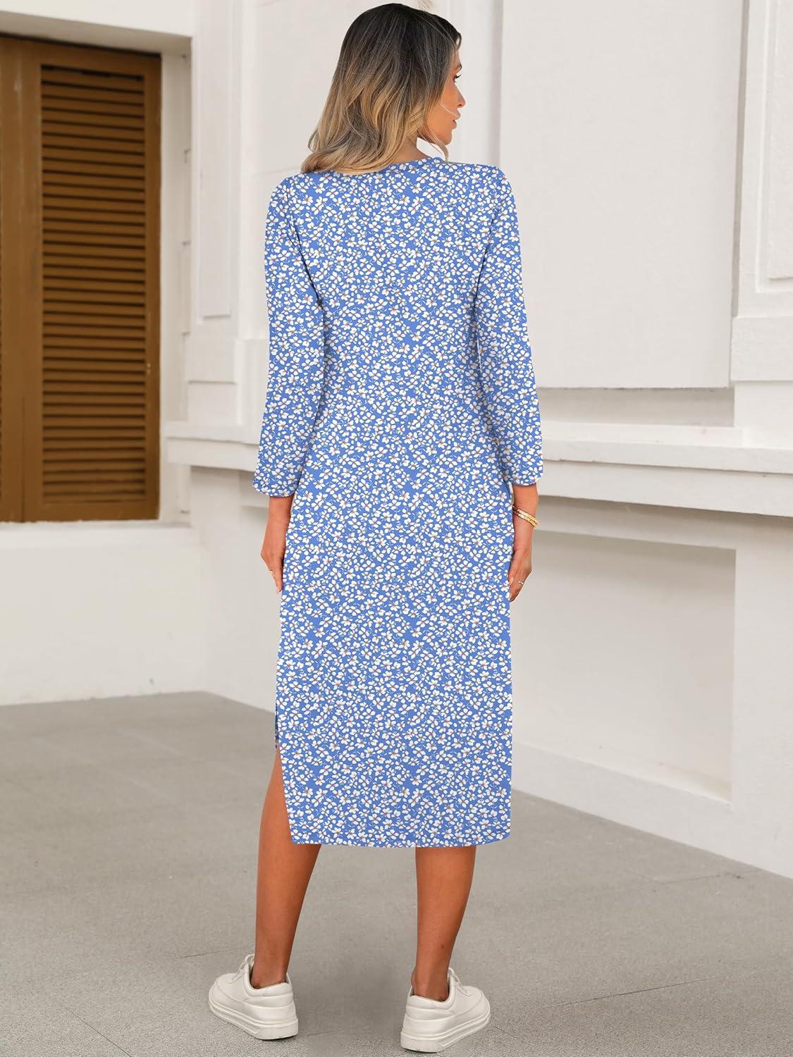 imageANRABESS Womens 34 Long Sleeve Striped Slit Midi T Shirt Dresses with Pockets 2025 Dressy Casual Fall Fashion Travel OutfitsFloral Blue