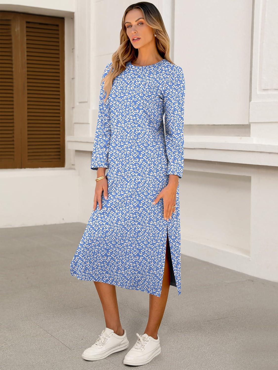 imageANRABESS Womens 34 Long Sleeve Striped Slit Midi T Shirt Dresses with Pockets 2025 Dressy Casual Fall Fashion Travel OutfitsFloral Blue