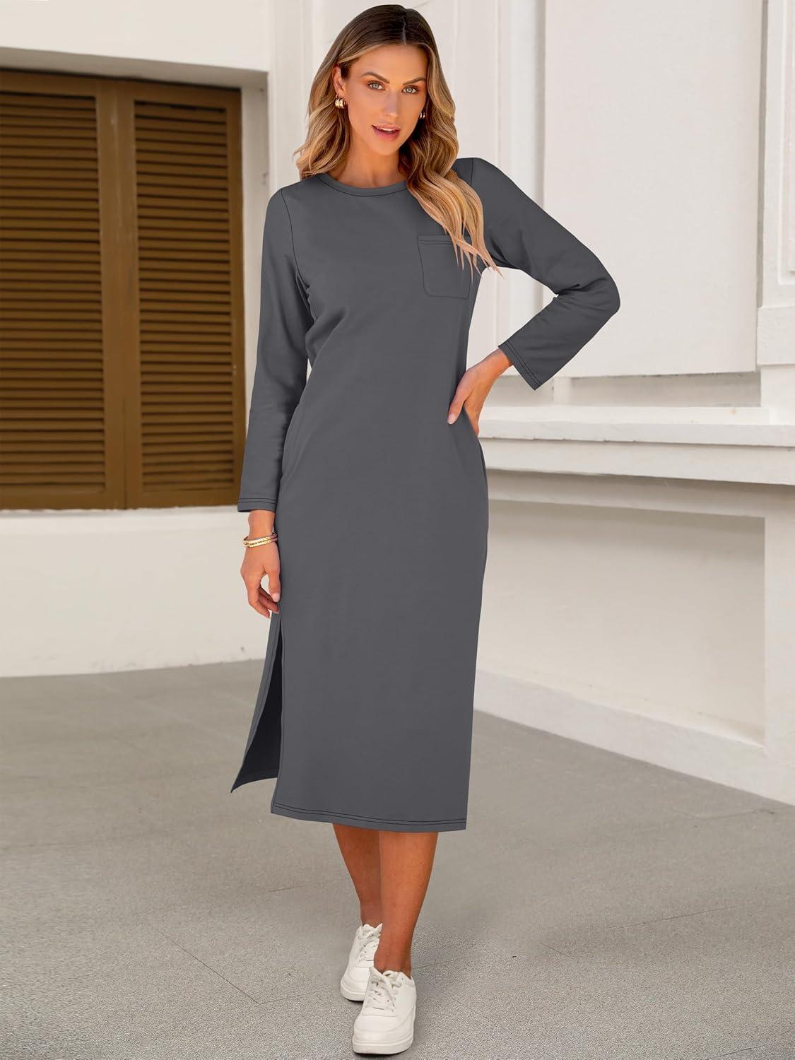 imageANRABESS Womens 34 Long Sleeve Striped Slit Midi T Shirt Dresses with Pockets 2025 Dressy Casual Fall Fashion Travel OutfitsGray