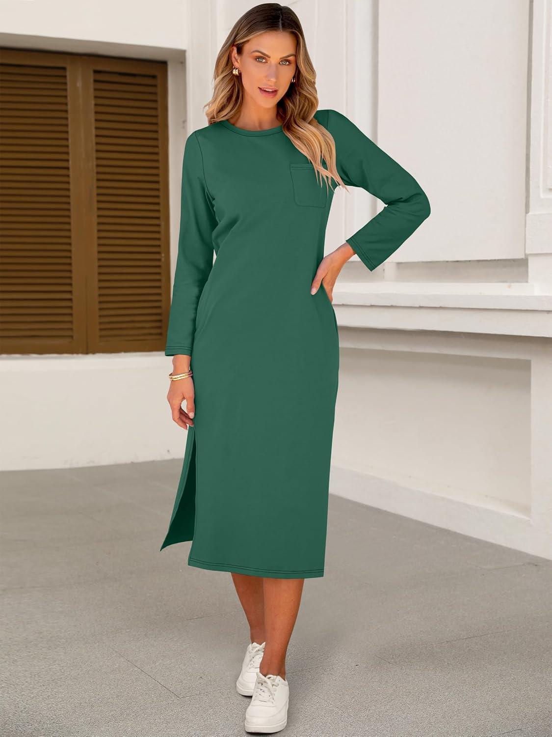 imageANRABESS Womens 34 Long Sleeve Striped Slit Midi T Shirt Dresses with Pockets 2025 Dressy Casual Fall Fashion Travel OutfitsGreen