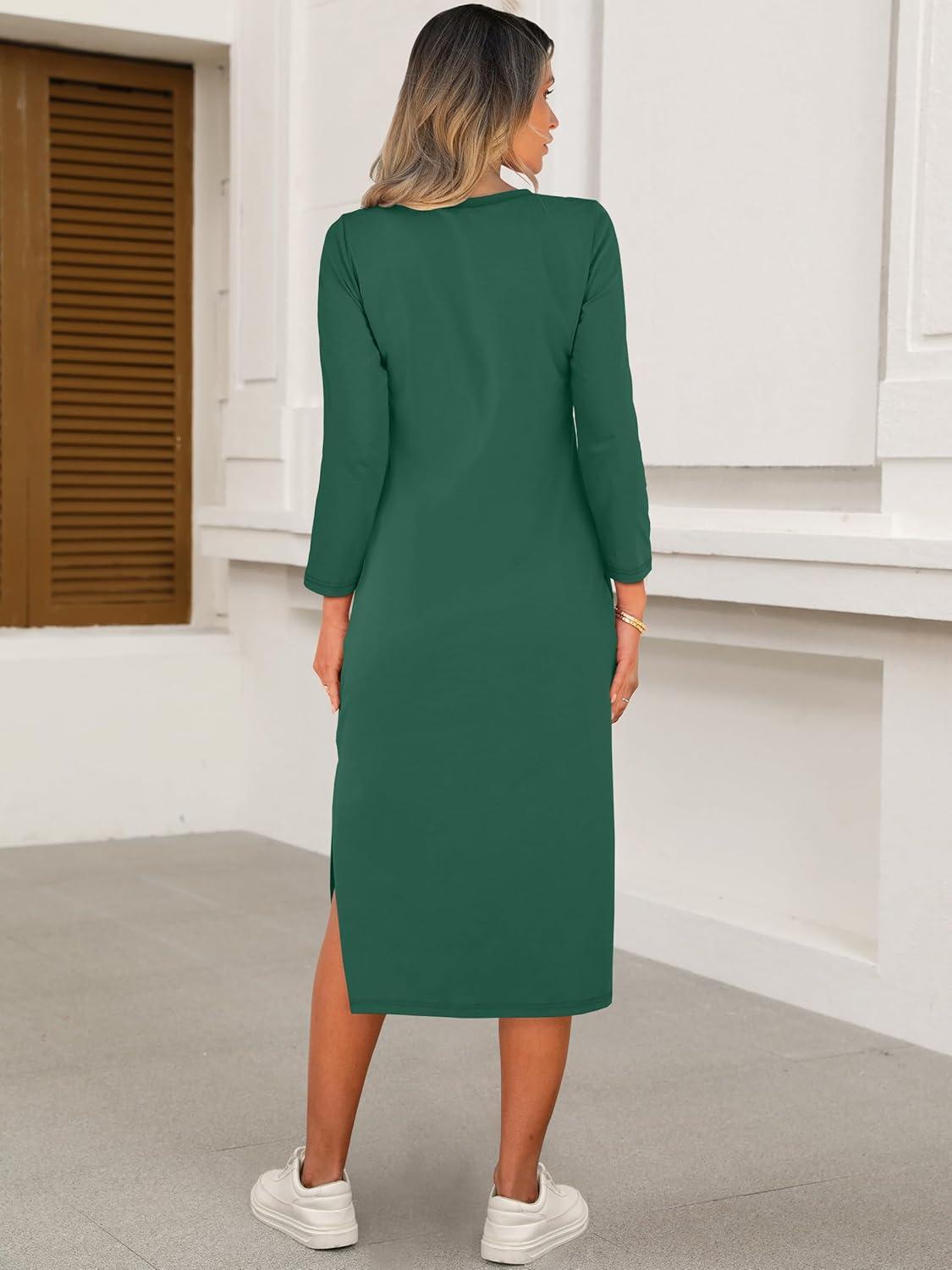 imageANRABESS Womens 34 Long Sleeve Striped Slit Midi T Shirt Dresses with Pockets 2025 Dressy Casual Fall Fashion Travel OutfitsGreen