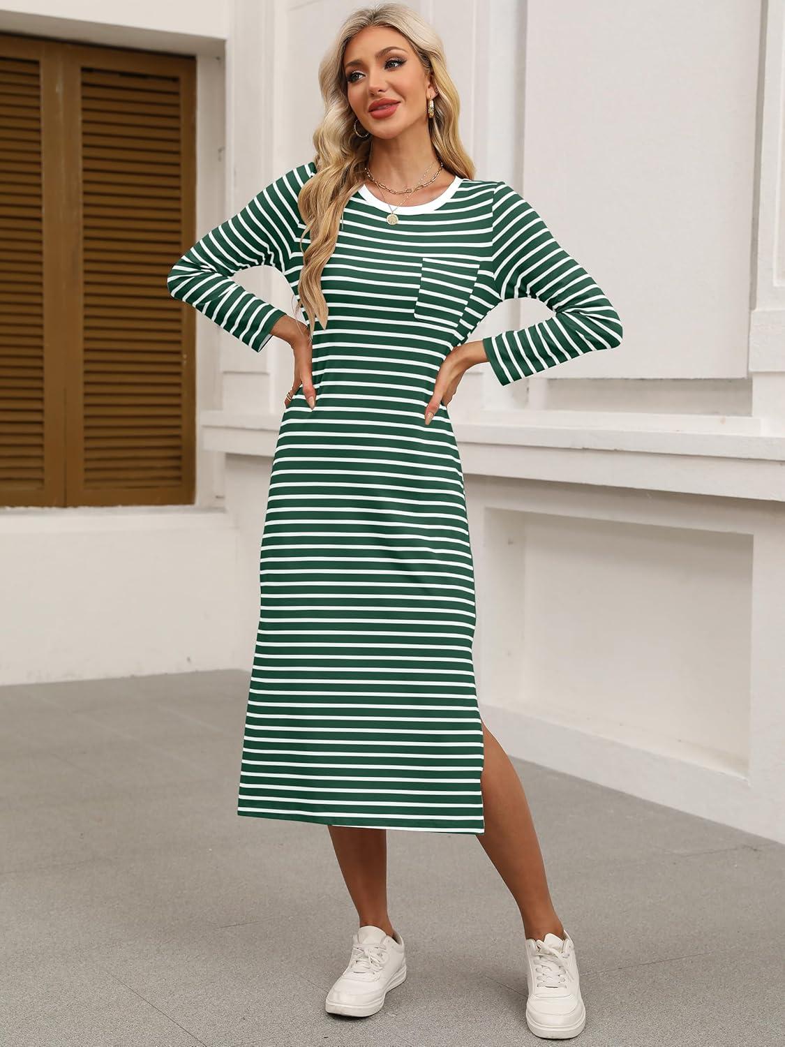 imageANRABESS Womens 34 Long Sleeve Striped Slit Midi T Shirt Dresses with Pockets 2025 Dressy Casual Fall Fashion Travel OutfitsGreen White Stripe