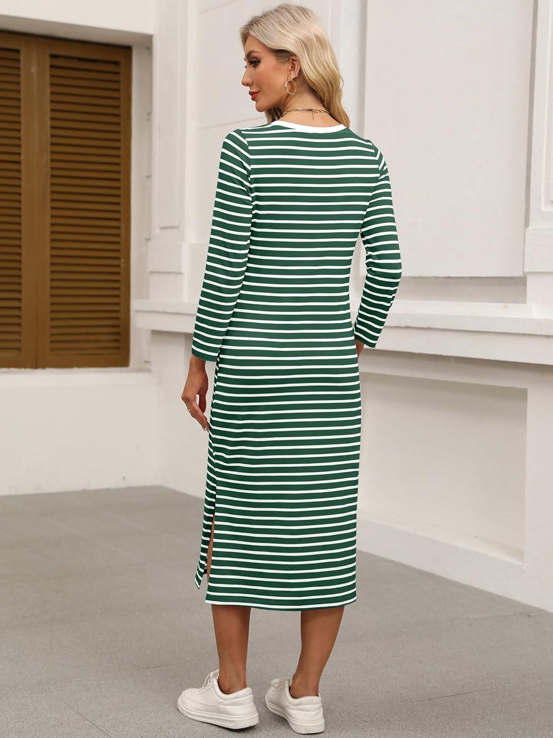 imageANRABESS Womens 34 Long Sleeve Striped Slit Midi T Shirt Dresses with Pockets 2025 Dressy Casual Fall Fashion Travel OutfitsGreen White Stripe