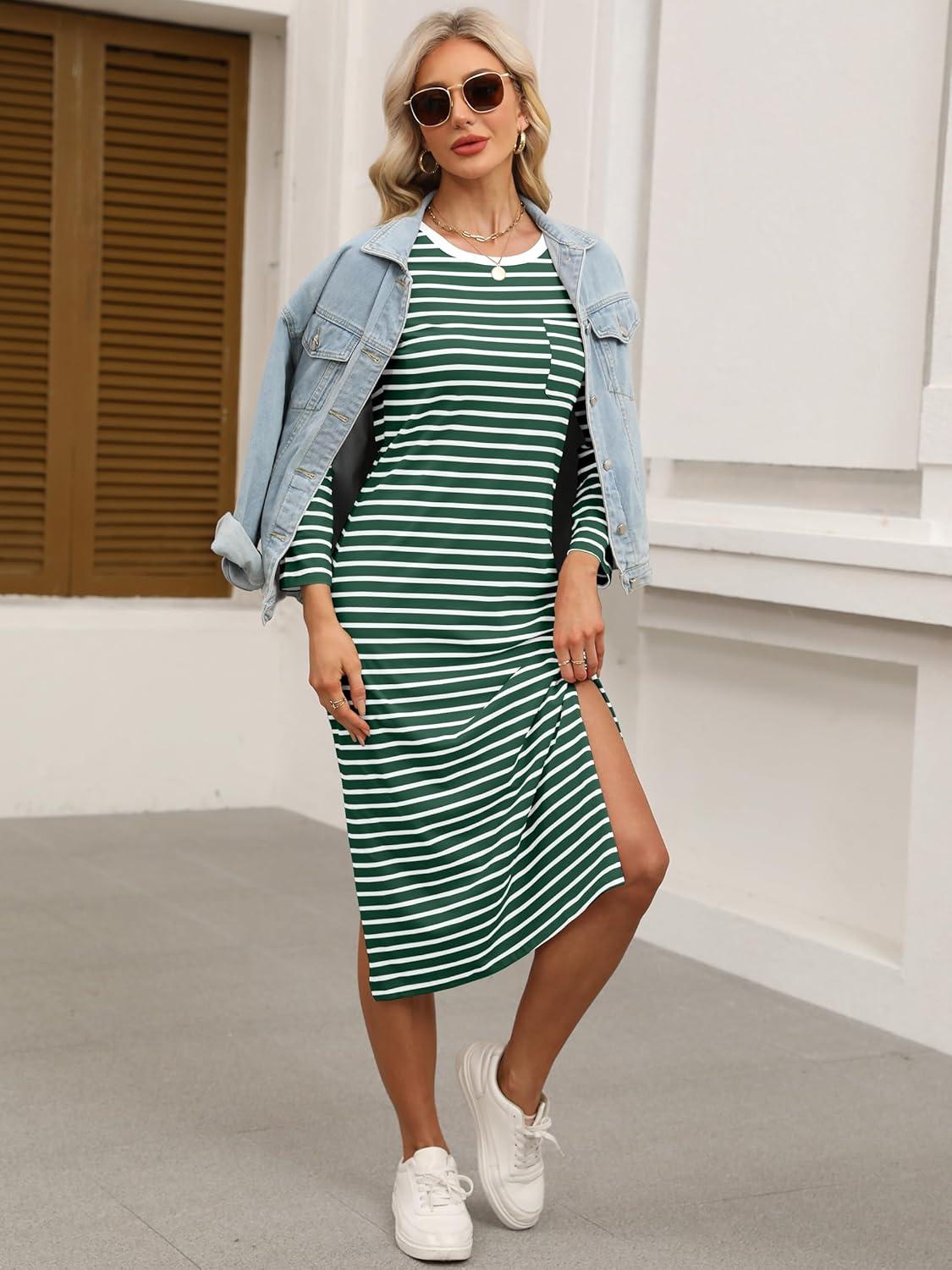 imageANRABESS Womens 34 Long Sleeve Striped Slit Midi T Shirt Dresses with Pockets 2025 Dressy Casual Fall Fashion Travel OutfitsGreen White Stripe