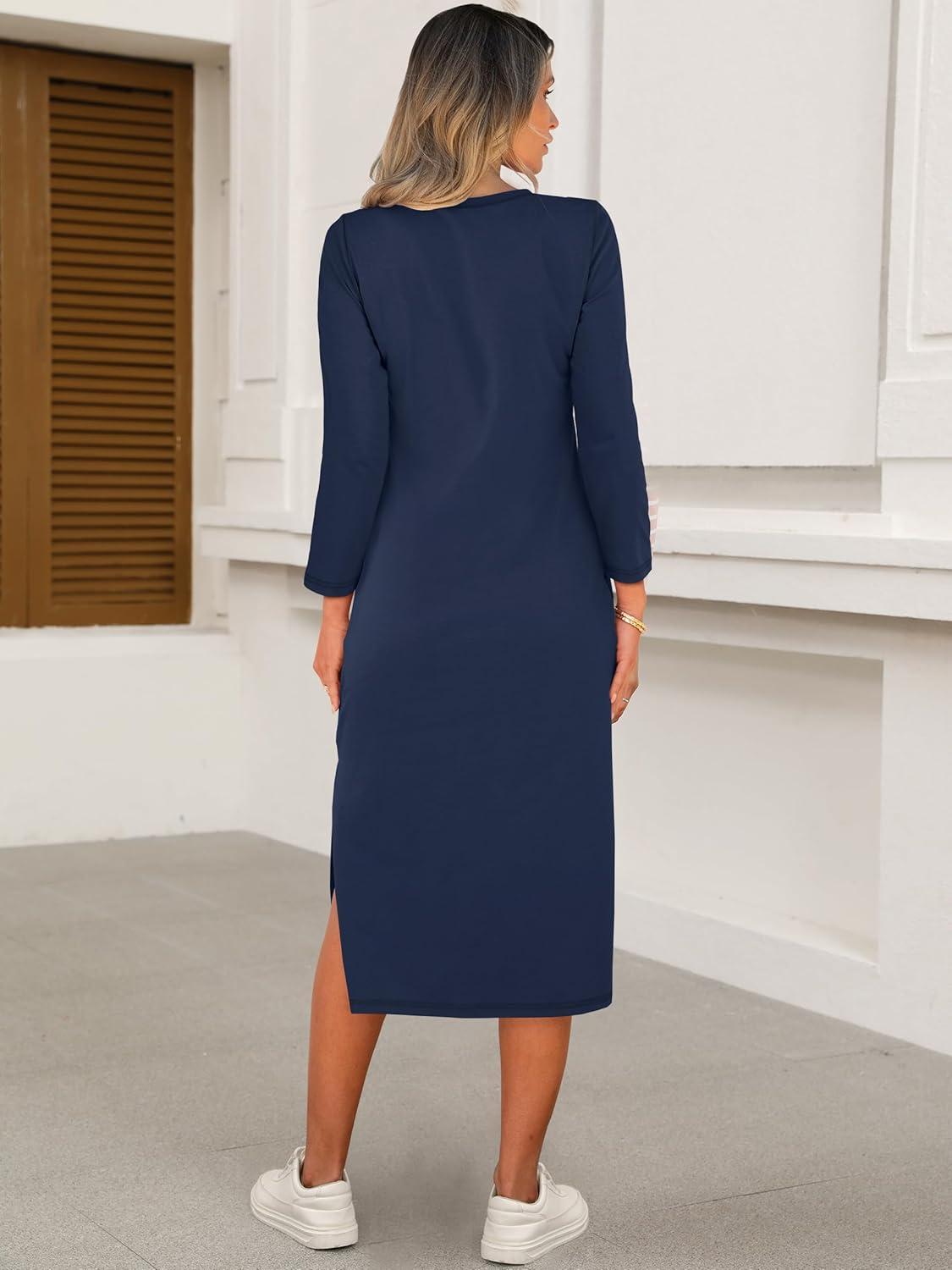 imageANRABESS Womens 34 Long Sleeve Striped Slit Midi T Shirt Dresses with Pockets 2025 Dressy Casual Fall Fashion Travel OutfitsNavy Blue