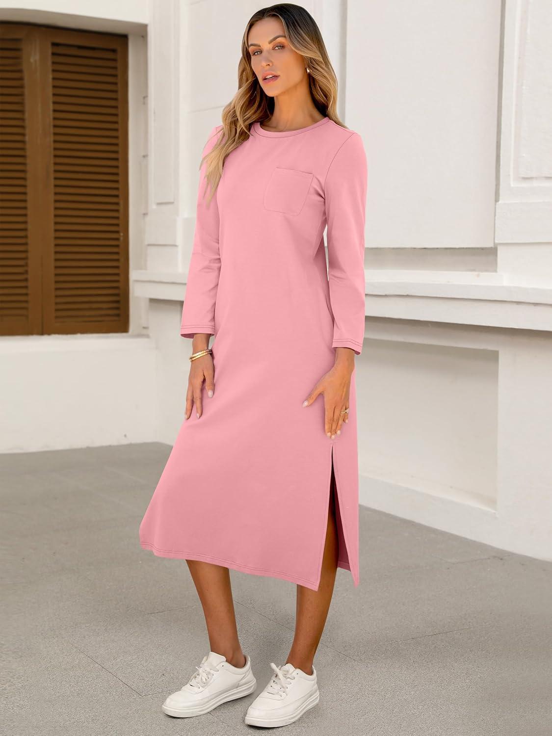 imageANRABESS Womens 34 Long Sleeve Striped Slit Midi T Shirt Dresses with Pockets 2025 Dressy Casual Fall Fashion Travel OutfitsPink