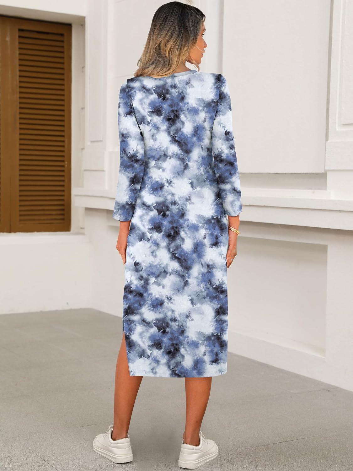 imageANRABESS Womens 34 Long Sleeve Striped Slit Midi T Shirt Dresses with Pockets 2025 Dressy Casual Fall Fashion Travel OutfitsPrint Blue Black