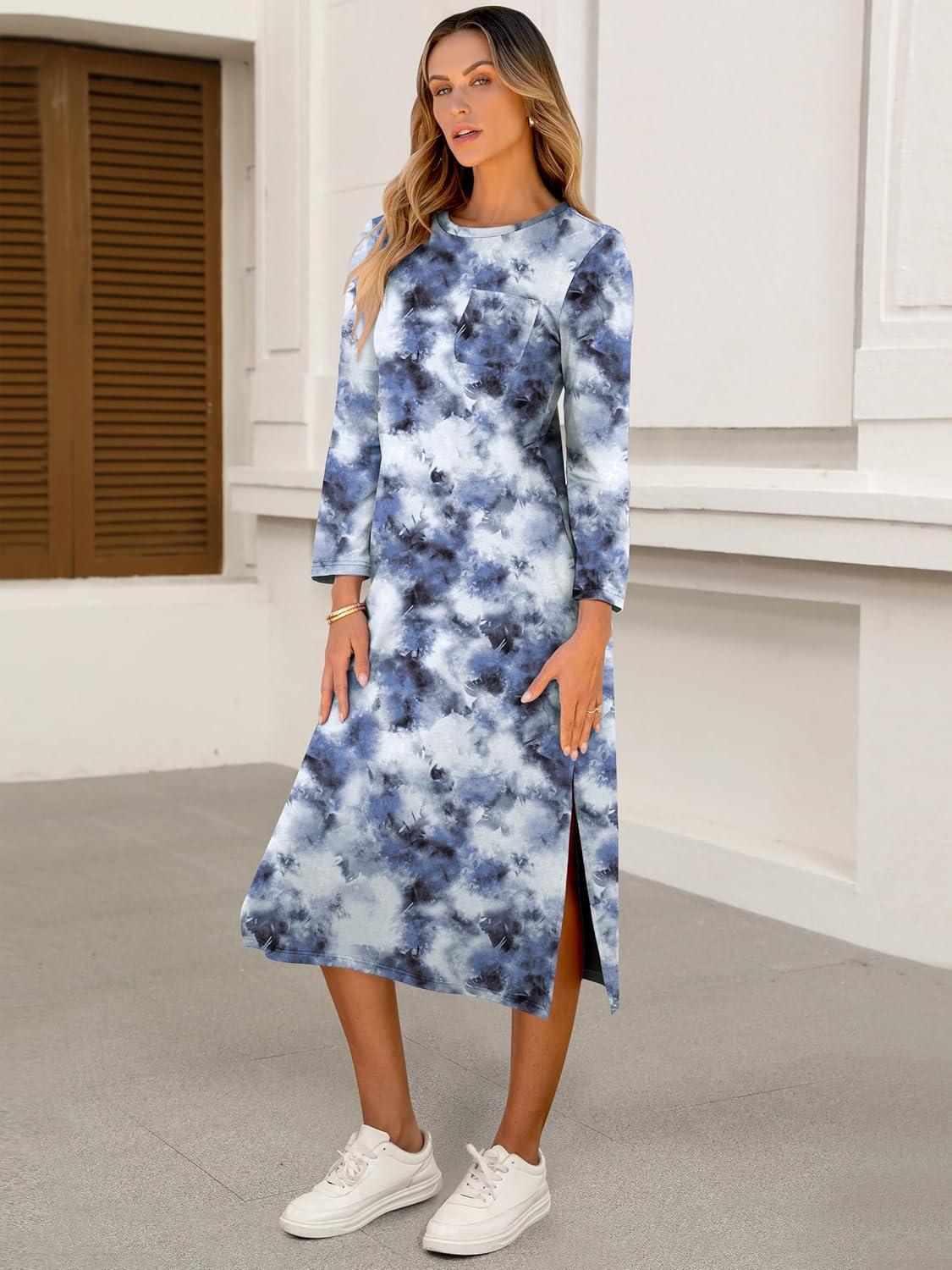 imageANRABESS Womens 34 Long Sleeve Striped Slit Midi T Shirt Dresses with Pockets 2025 Dressy Casual Fall Fashion Travel OutfitsPrint Blue Black