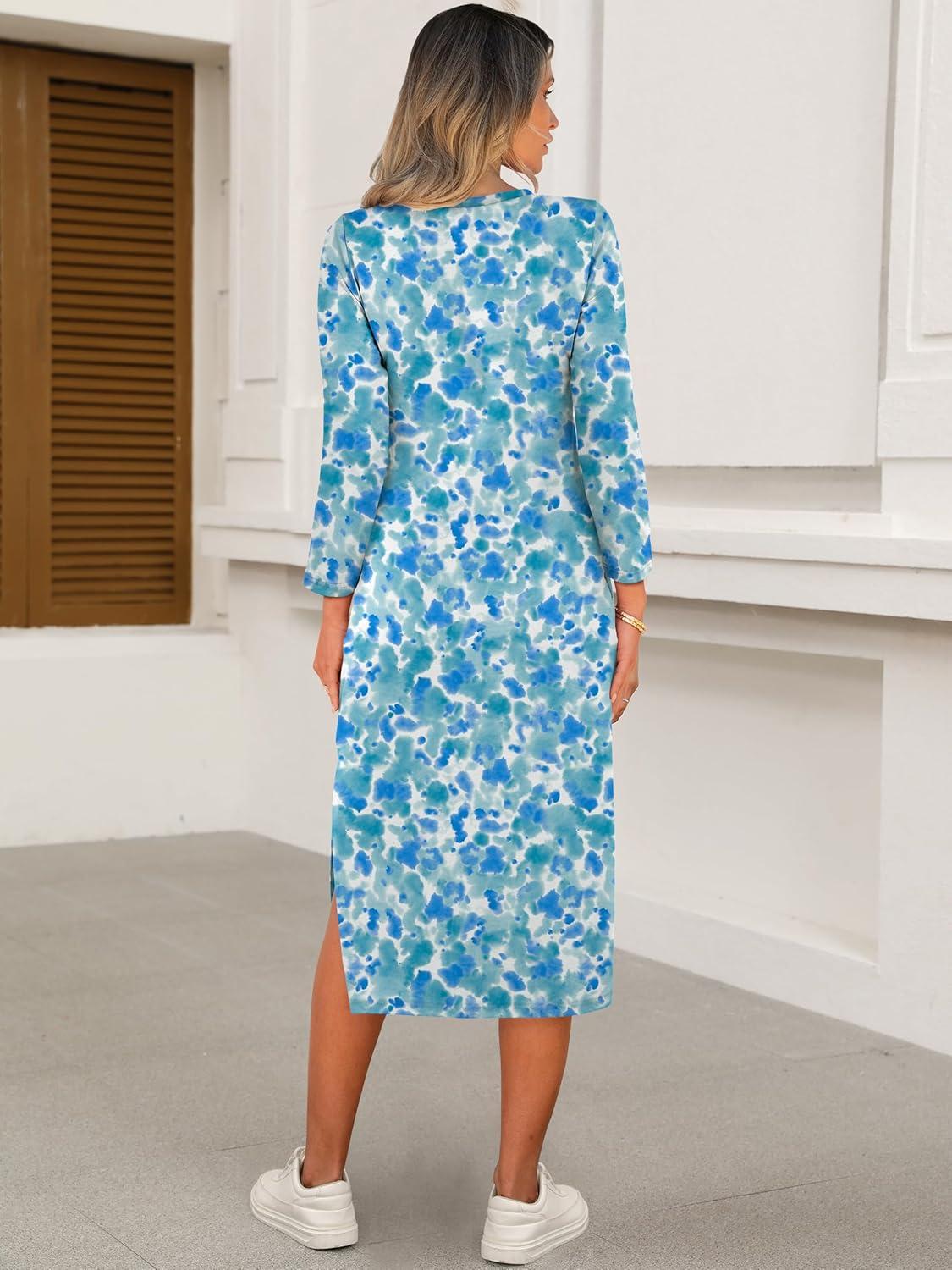 imageANRABESS Womens 34 Long Sleeve Striped Slit Midi T Shirt Dresses with Pockets 2025 Dressy Casual Fall Fashion Travel OutfitsPrint Lake Blue