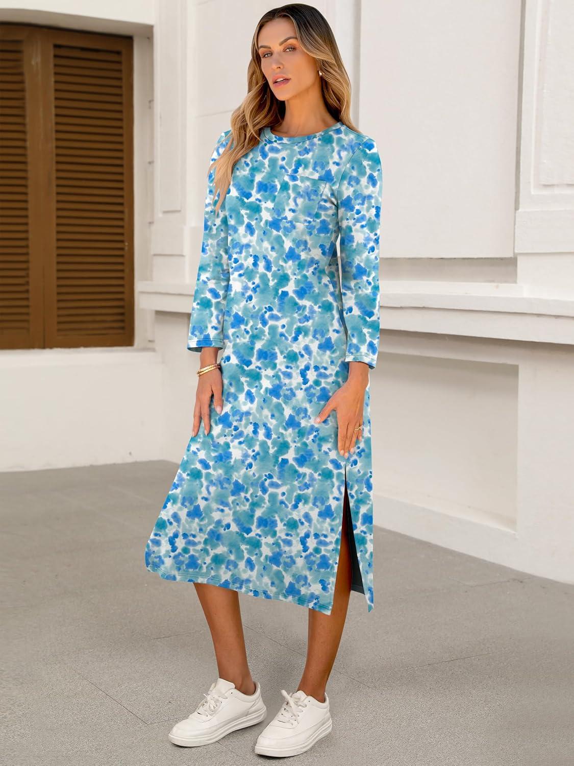 imageANRABESS Womens 34 Long Sleeve Striped Slit Midi T Shirt Dresses with Pockets 2025 Dressy Casual Fall Fashion Travel OutfitsPrint Lake Blue