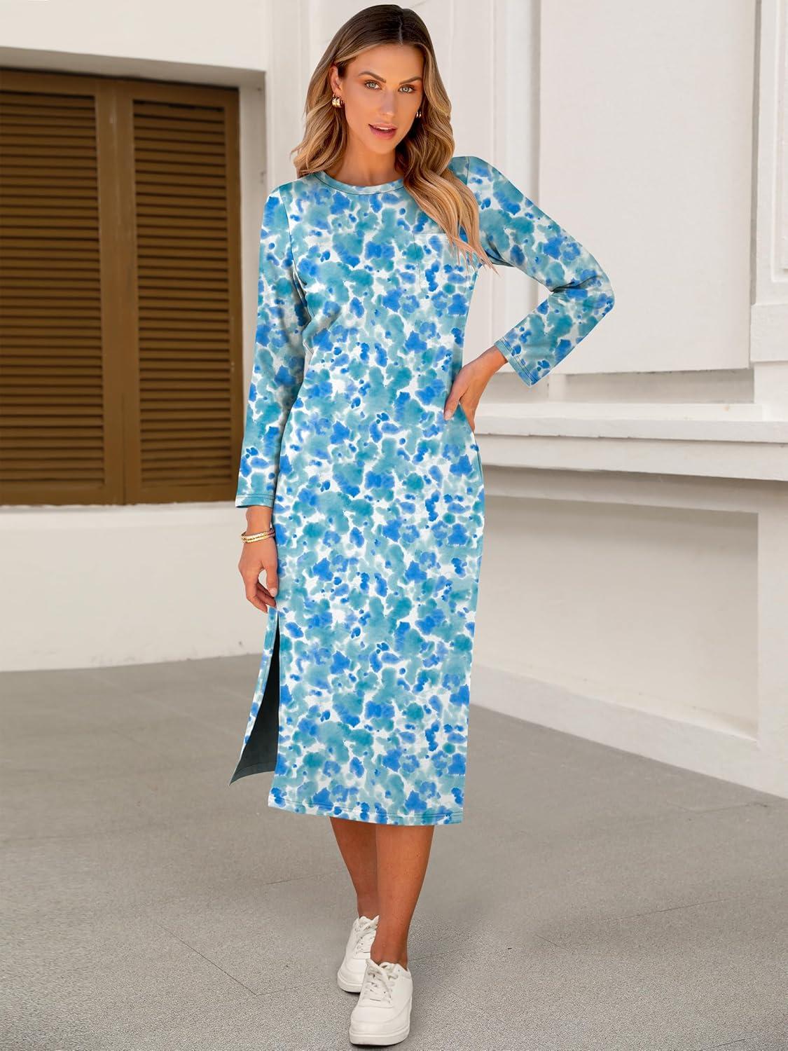 imageANRABESS Womens 34 Long Sleeve Striped Slit Midi T Shirt Dresses with Pockets 2025 Dressy Casual Fall Fashion Travel OutfitsPrint Lake Blue