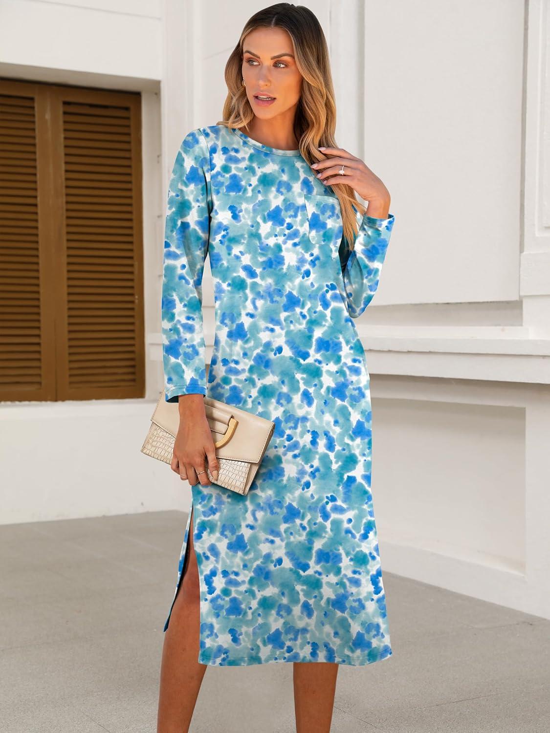 imageANRABESS Womens 34 Long Sleeve Striped Slit Midi T Shirt Dresses with Pockets 2025 Dressy Casual Fall Fashion Travel OutfitsPrint Lake Blue