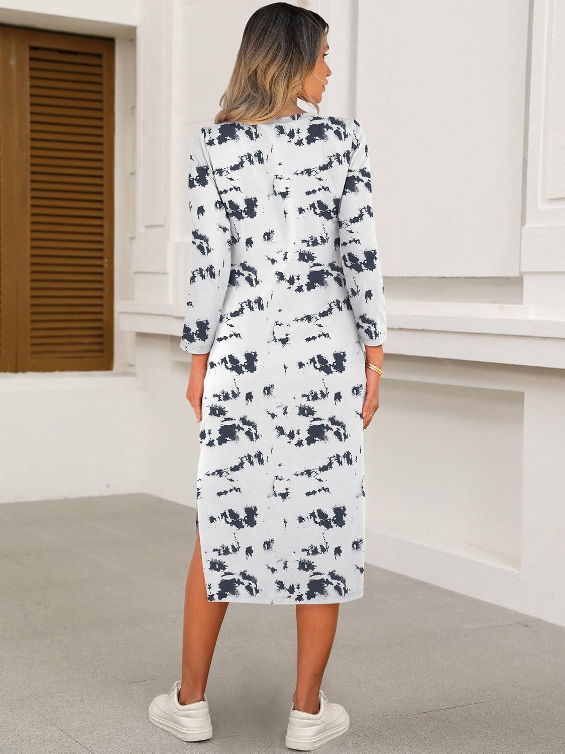 imageANRABESS Womens 34 Long Sleeve Striped Slit Midi T Shirt Dresses with Pockets 2025 Dressy Casual Fall Fashion Travel OutfitsPrint White