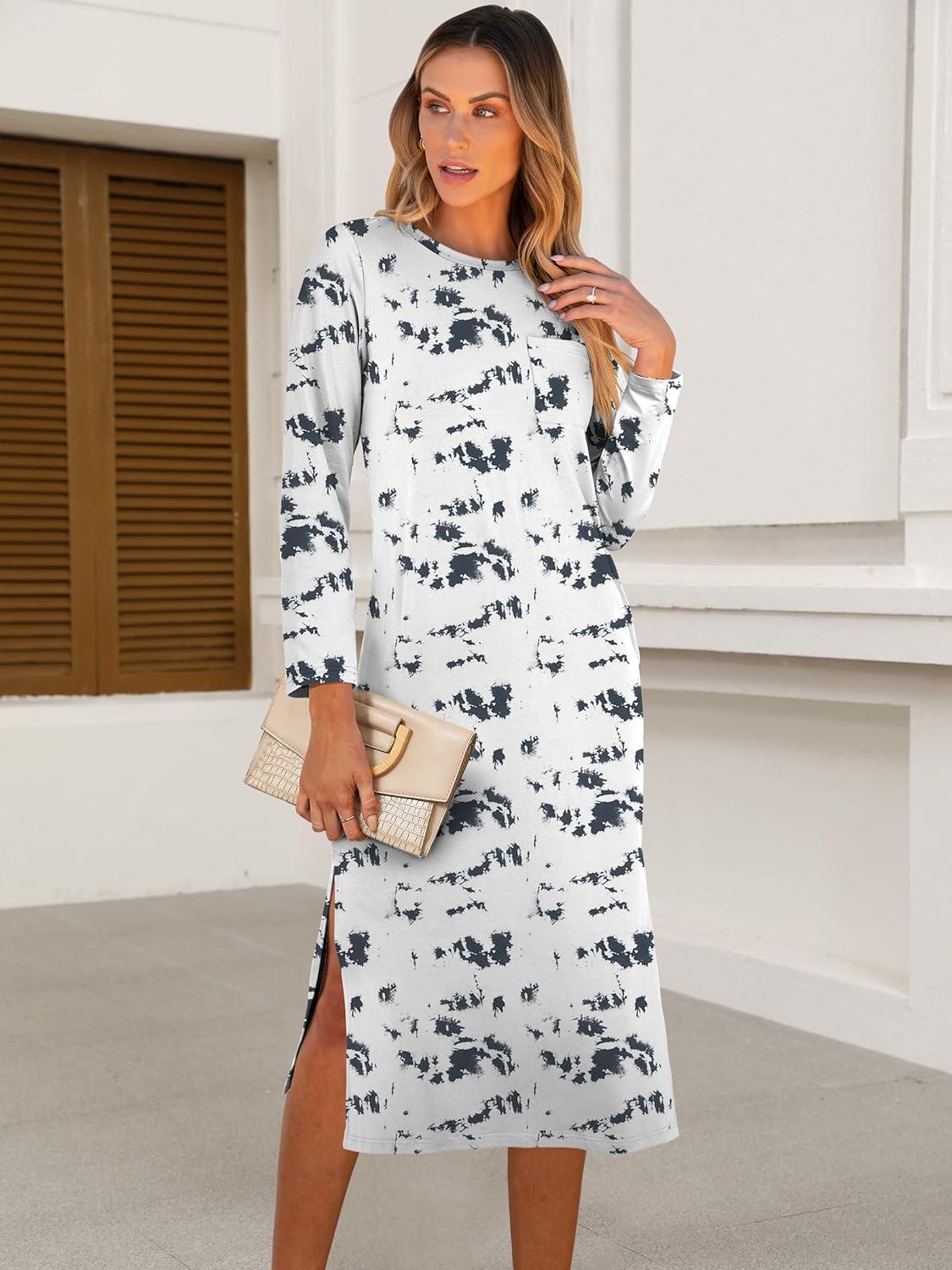 imageANRABESS Womens 34 Long Sleeve Striped Slit Midi T Shirt Dresses with Pockets 2025 Dressy Casual Fall Fashion Travel OutfitsPrint White