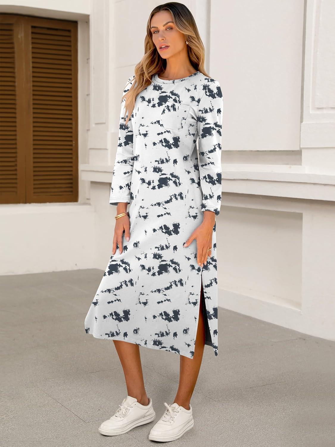 imageANRABESS Womens 34 Long Sleeve Striped Slit Midi T Shirt Dresses with Pockets 2025 Dressy Casual Fall Fashion Travel OutfitsPrint White