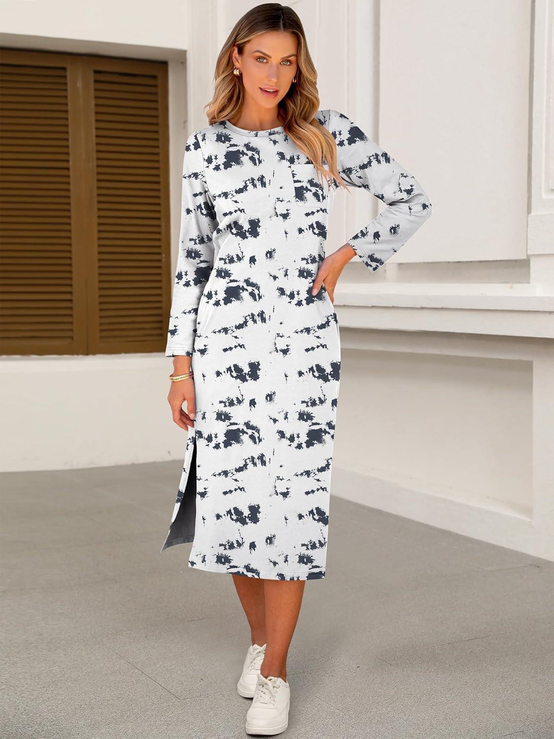 imageANRABESS Womens 34 Long Sleeve Striped Slit Midi T Shirt Dresses with Pockets 2025 Dressy Casual Fall Fashion Travel OutfitsPrint White