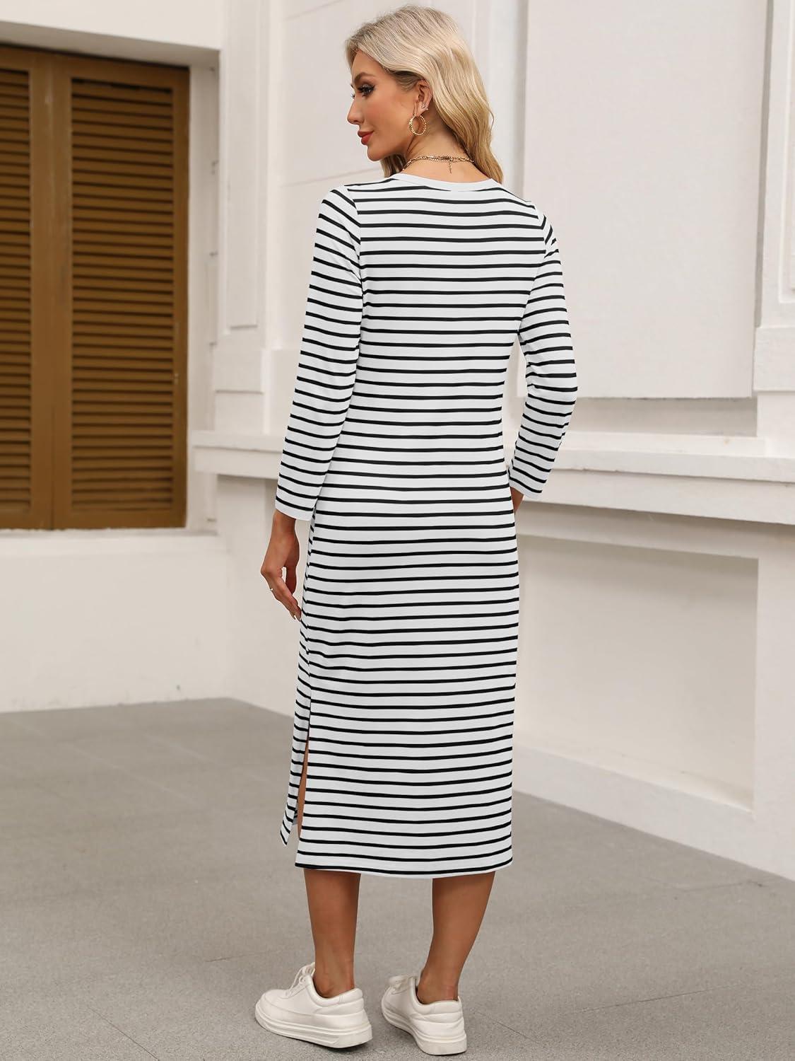 imageANRABESS Womens 34 Long Sleeve Striped Slit Midi T Shirt Dresses with Pockets 2025 Dressy Casual Fall Fashion Travel OutfitsWhite Black Stripe