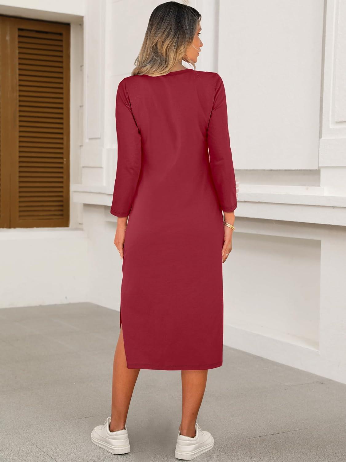 imageANRABESS Womens 34 Long Sleeve Striped Slit Midi T Shirt Dresses with Pockets 2025 Dressy Casual Fall Fashion Travel OutfitsWine Red