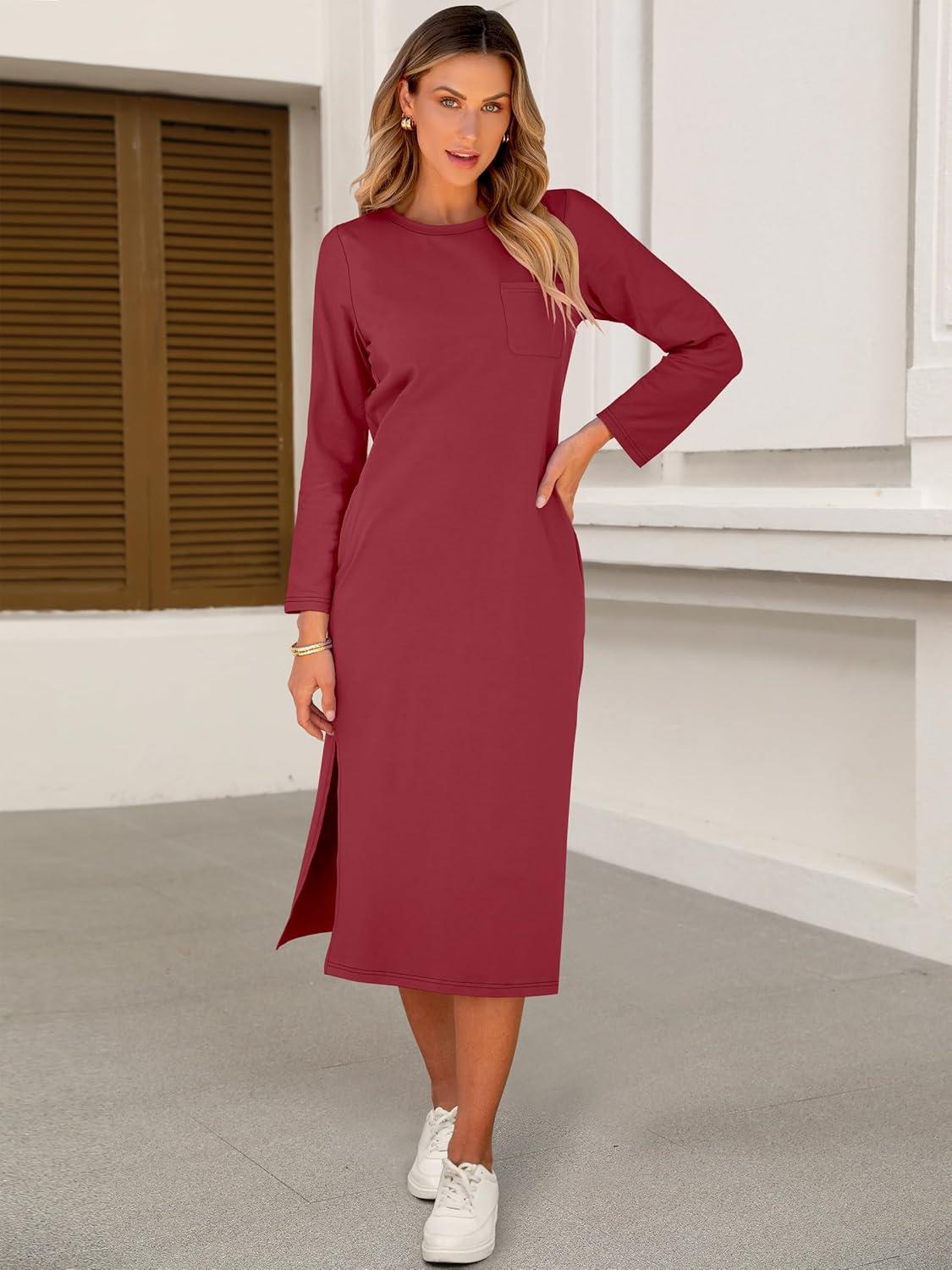 imageANRABESS Womens 34 Long Sleeve Striped Slit Midi T Shirt Dresses with Pockets 2025 Dressy Casual Fall Fashion Travel OutfitsWine Red