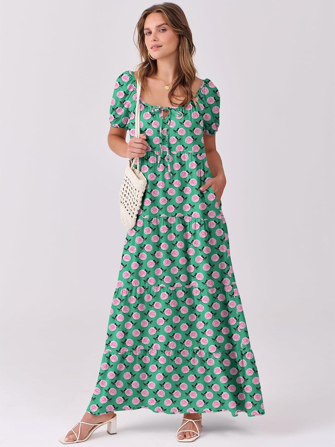 imageANRABESS Womens Boho Maxi Dresses 2025 Summer Casual Floral Puff Short Sleeve Tie Front Flowy Swing Tiered Long Beach DressGreen