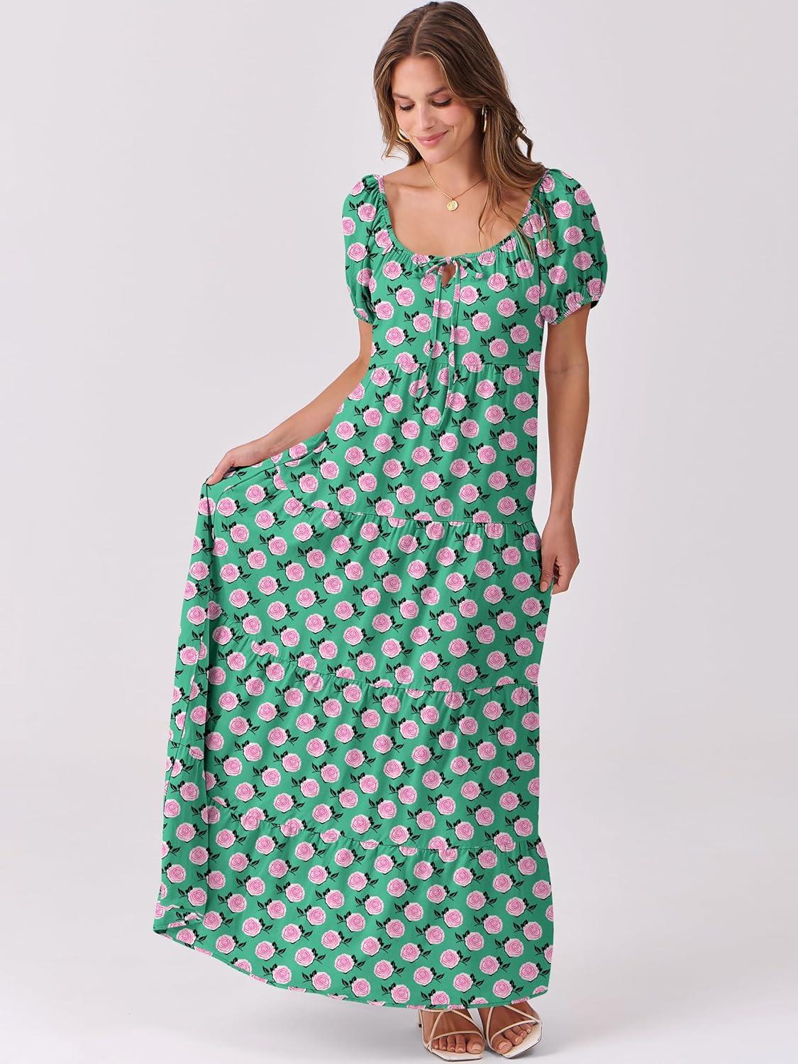 imageANRABESS Womens Boho Maxi Dresses 2025 Summer Casual Floral Puff Short Sleeve Tie Front Flowy Swing Tiered Long Beach DressGreen