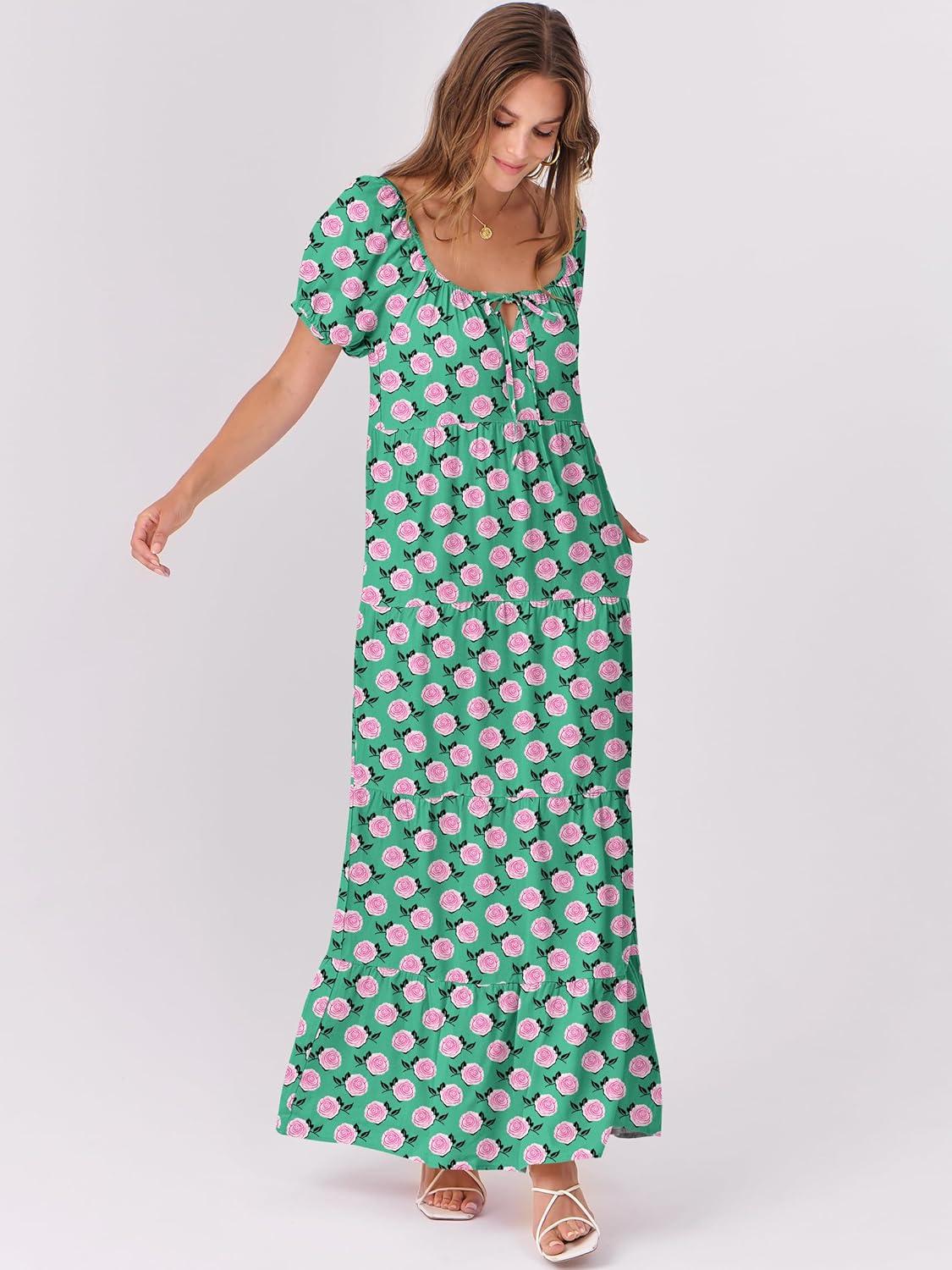 imageANRABESS Womens Boho Maxi Dresses 2025 Summer Casual Floral Puff Short Sleeve Tie Front Flowy Swing Tiered Long Beach DressGreen