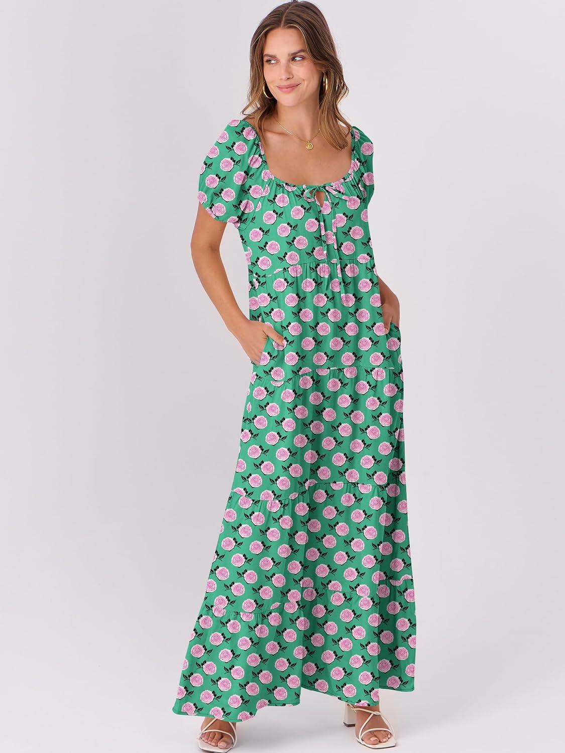 imageANRABESS Womens Boho Maxi Dresses 2025 Summer Casual Floral Puff Short Sleeve Tie Front Flowy Swing Tiered Long Beach DressGreen