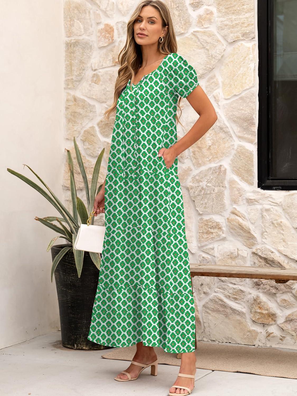 imageANRABESS Womens Boho Maxi Dresses 2025 Summer Casual Floral Puff Short Sleeve Tie Front Flowy Swing Tiered Long Beach DressLight Green