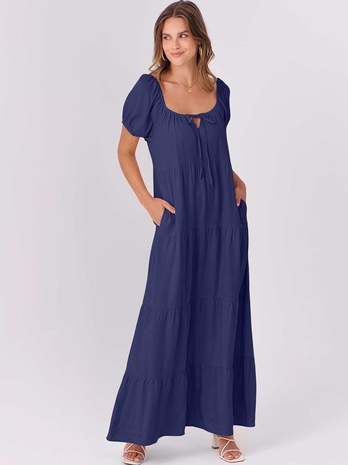 imageANRABESS Womens Boho Maxi Dresses 2025 Summer Casual Floral Puff Short Sleeve Tie Front Flowy Swing Tiered Long Beach DressNavy