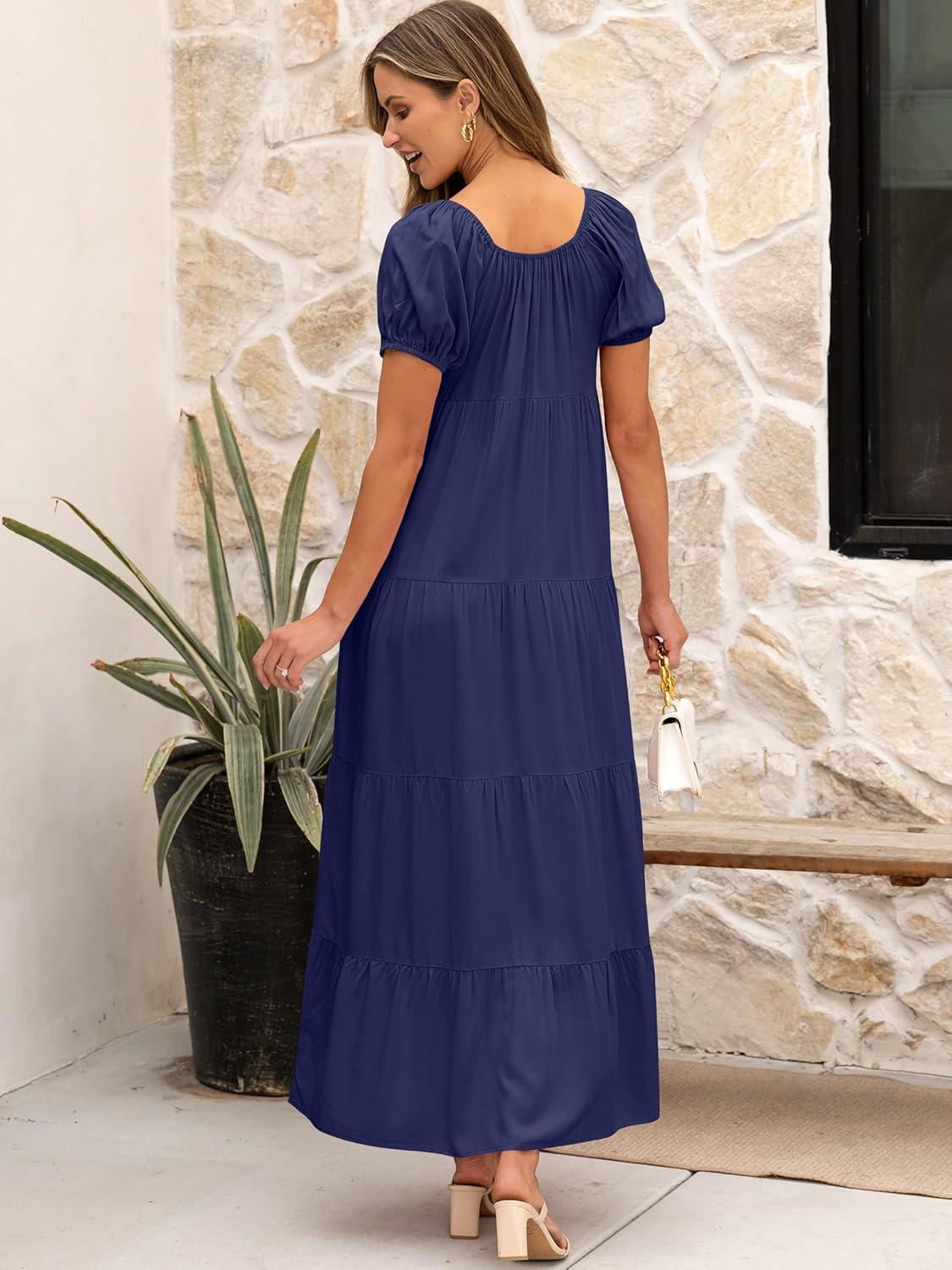 imageANRABESS Womens Boho Maxi Dresses 2025 Summer Casual Floral Puff Short Sleeve Tie Front Flowy Swing Tiered Long Beach DressNavy