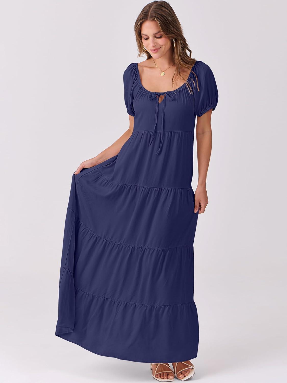 imageANRABESS Womens Boho Maxi Dresses 2025 Summer Casual Floral Puff Short Sleeve Tie Front Flowy Swing Tiered Long Beach DressNavy