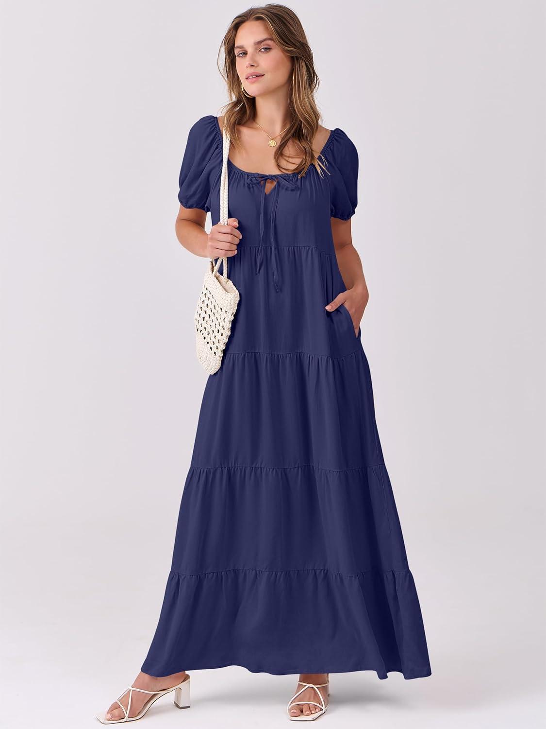 imageANRABESS Womens Boho Maxi Dresses 2025 Summer Casual Floral Puff Short Sleeve Tie Front Flowy Swing Tiered Long Beach DressNavy