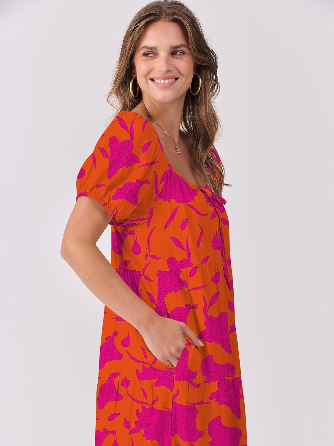 imageANRABESS Womens Boho Maxi Dresses 2025 Summer Casual Floral Puff Short Sleeve Tie Front Flowy Swing Tiered Long Beach DressOrange Rose Floral