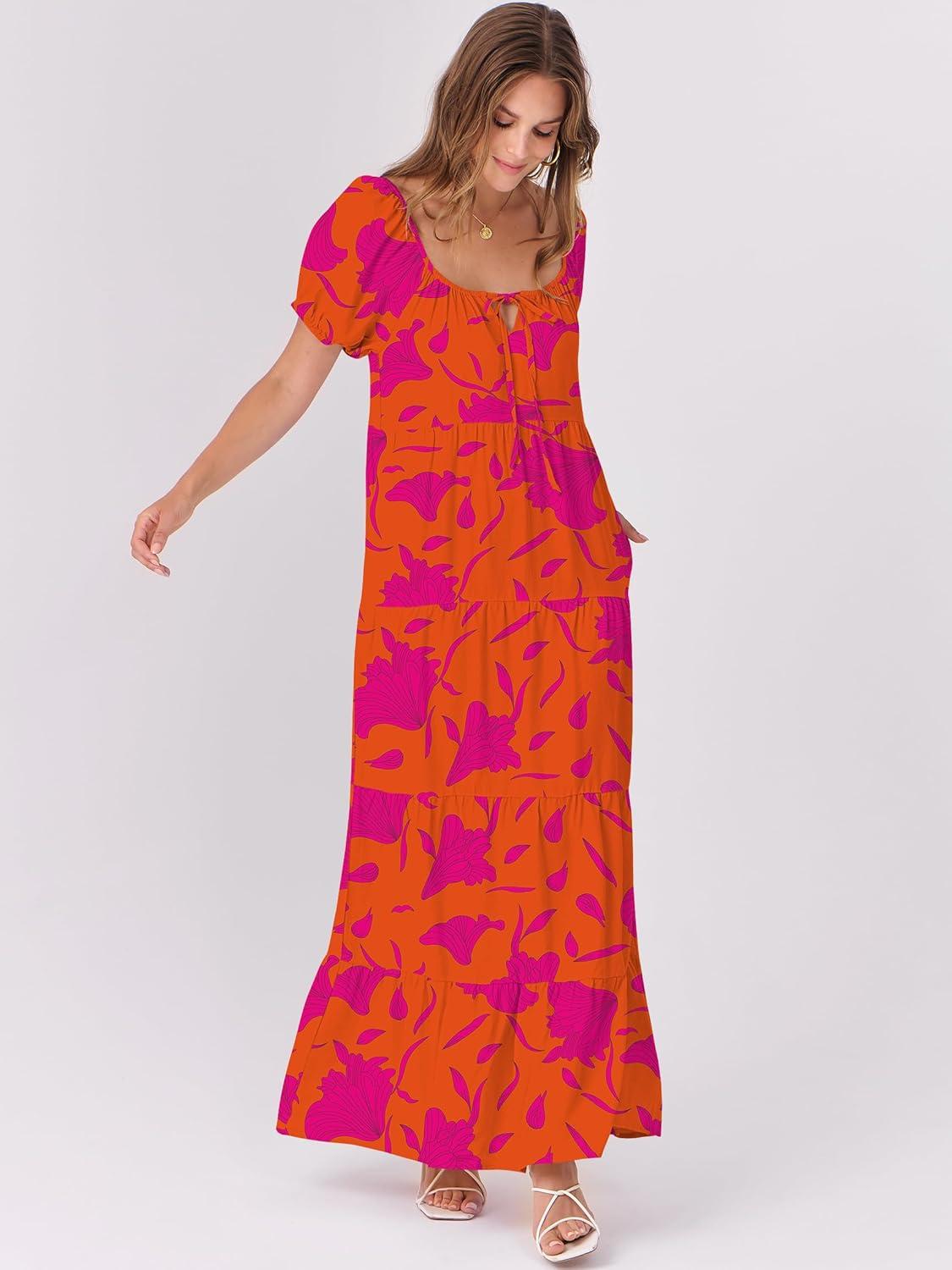 imageANRABESS Womens Boho Maxi Dresses 2025 Summer Casual Floral Puff Short Sleeve Tie Front Flowy Swing Tiered Long Beach DressOrange Rose Floral