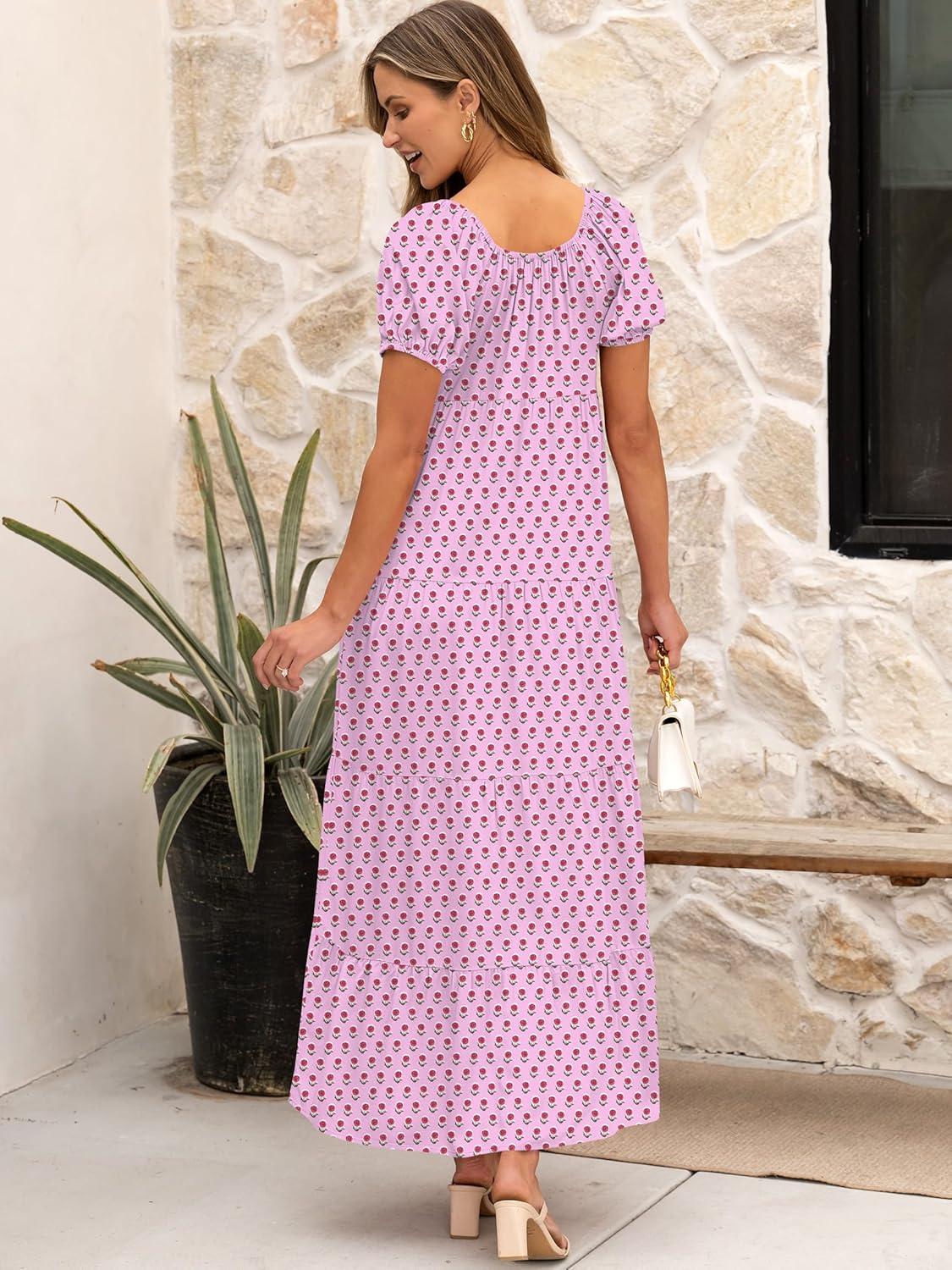 imageANRABESS Womens Boho Maxi Dresses 2025 Summer Casual Floral Puff Short Sleeve Tie Front Flowy Swing Tiered Long Beach DressPink Purple Floral