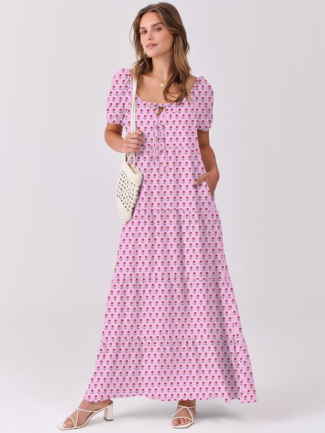 imageANRABESS Womens Boho Maxi Dresses 2025 Summer Casual Floral Puff Short Sleeve Tie Front Flowy Swing Tiered Long Beach DressPink Purple Floral