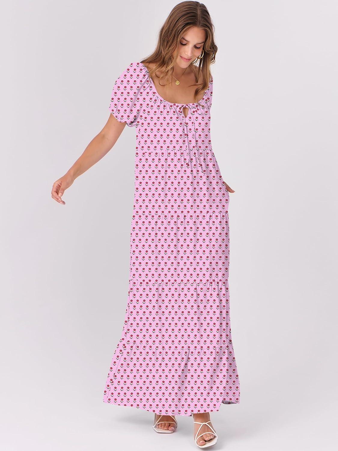 imageANRABESS Womens Boho Maxi Dresses 2025 Summer Casual Floral Puff Short Sleeve Tie Front Flowy Swing Tiered Long Beach DressPink Purple Floral