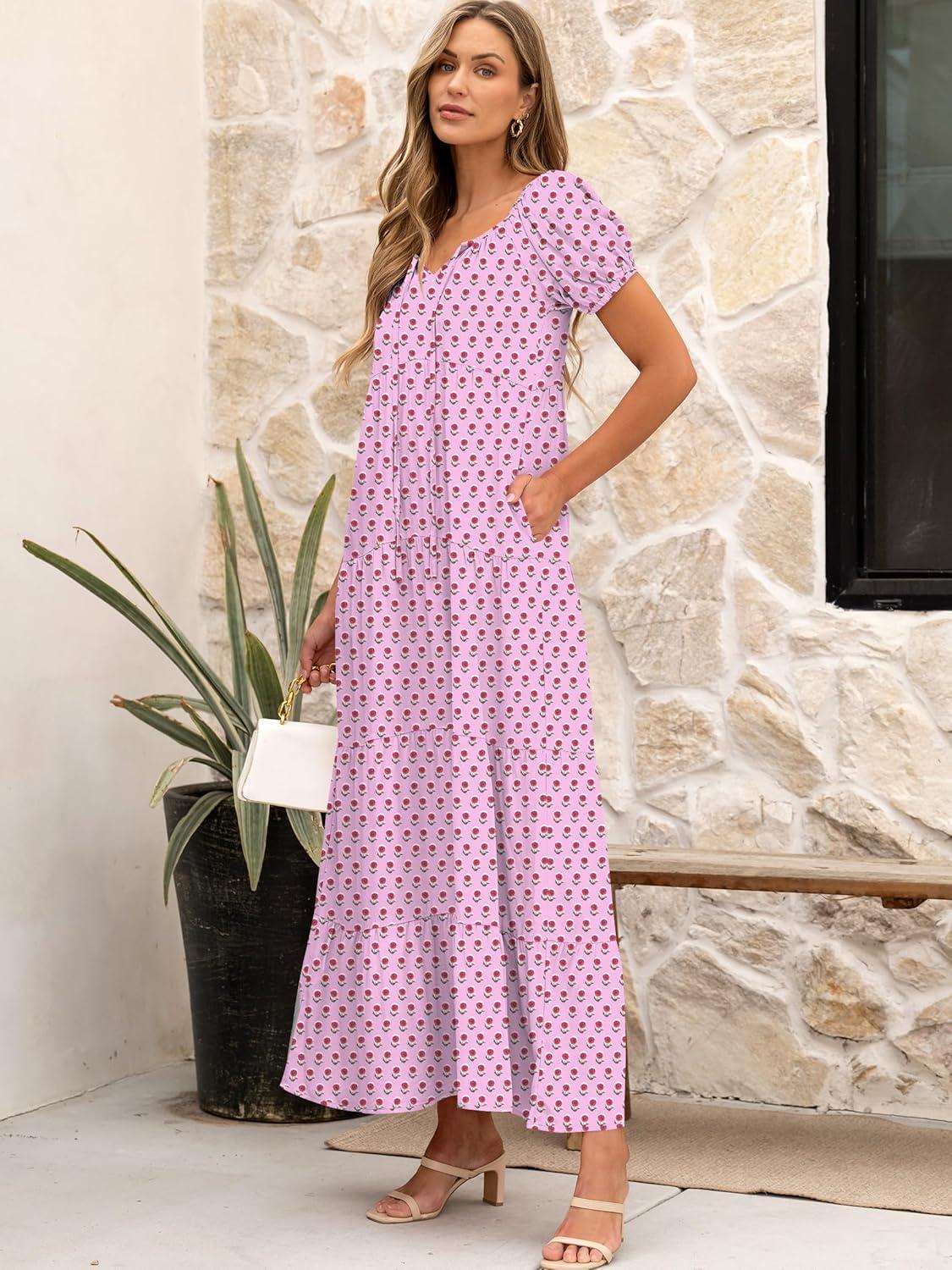 imageANRABESS Womens Boho Maxi Dresses 2025 Summer Casual Floral Puff Short Sleeve Tie Front Flowy Swing Tiered Long Beach DressPink Purple Floral