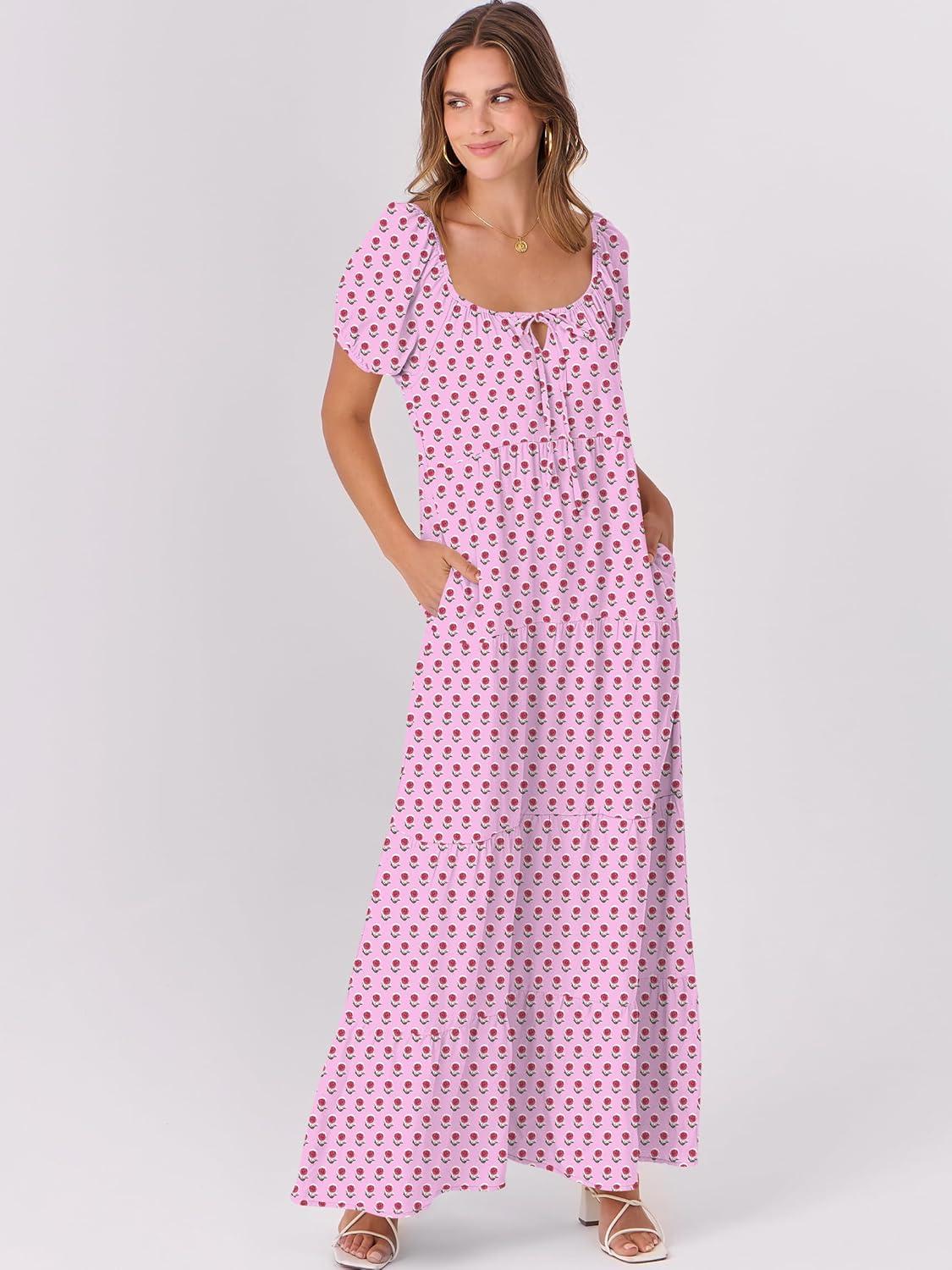 imageANRABESS Womens Boho Maxi Dresses 2025 Summer Casual Floral Puff Short Sleeve Tie Front Flowy Swing Tiered Long Beach DressPink Purple Floral