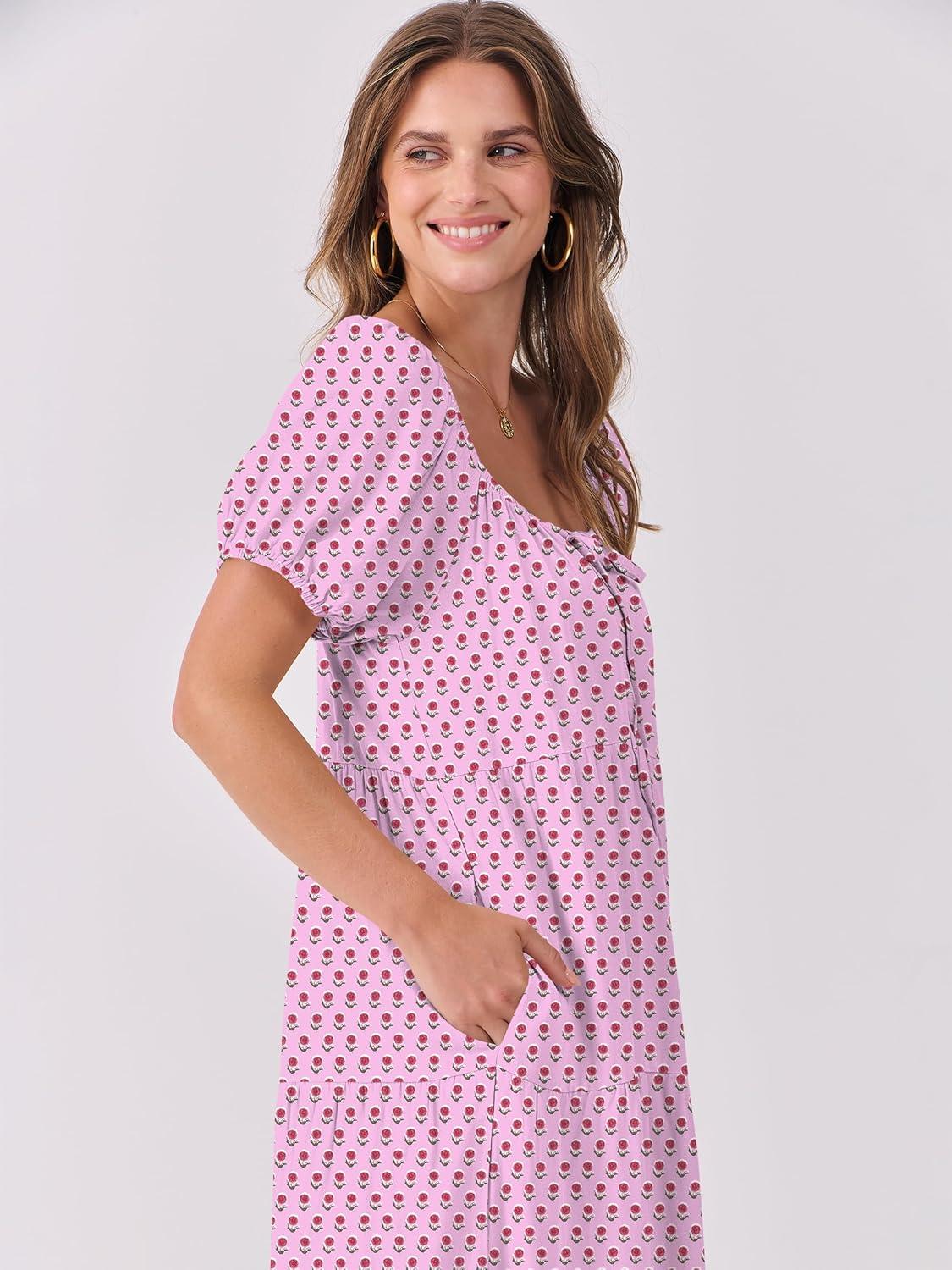 imageANRABESS Womens Boho Maxi Dresses 2025 Summer Casual Floral Puff Short Sleeve Tie Front Flowy Swing Tiered Long Beach DressPink Purple Floral