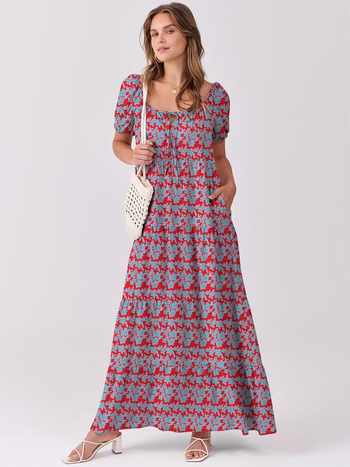 imageANRABESS Womens Boho Maxi Dresses 2025 Summer Casual Floral Puff Short Sleeve Tie Front Flowy Swing Tiered Long Beach DressRed Blue
