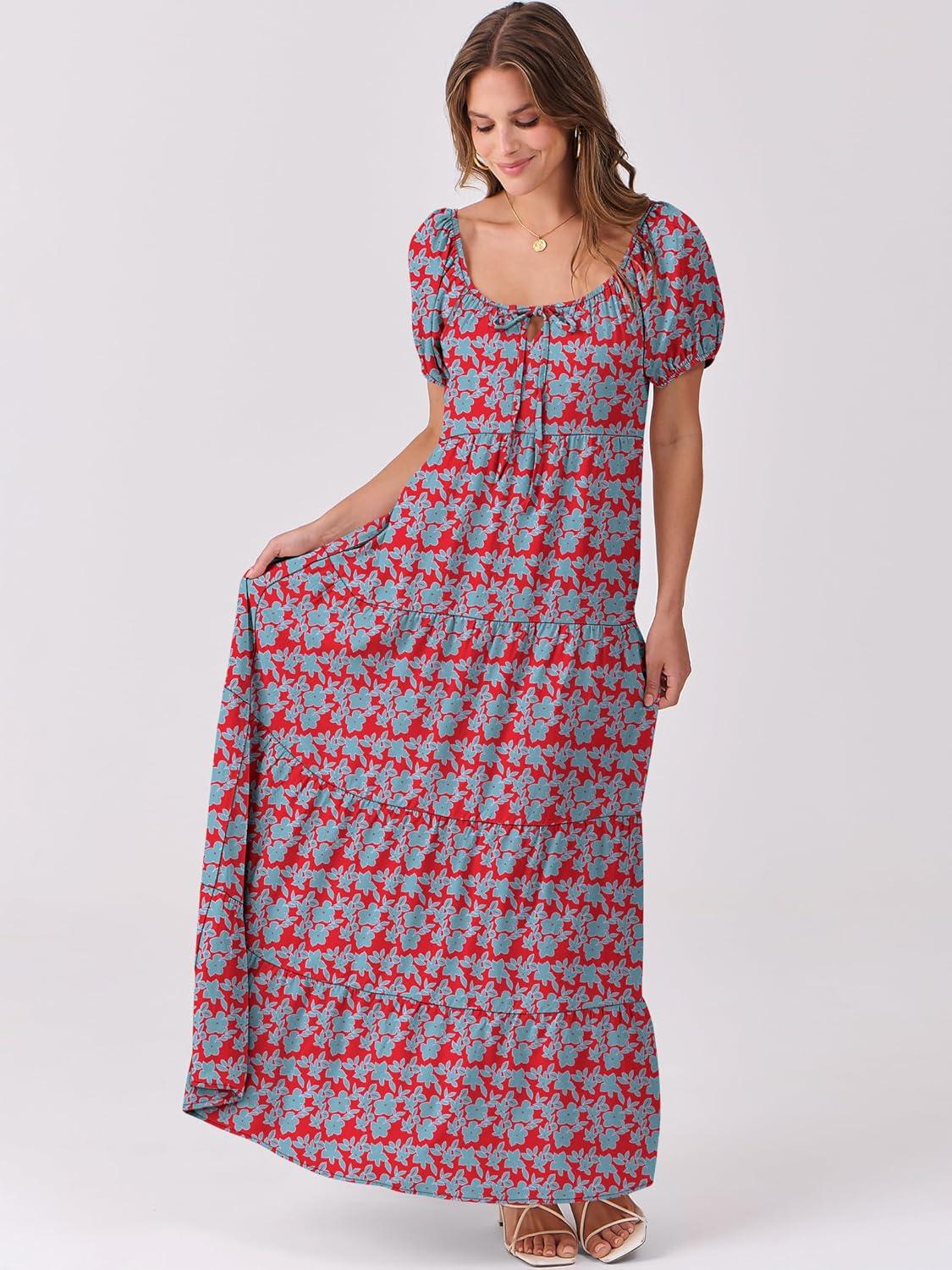 imageANRABESS Womens Boho Maxi Dresses 2025 Summer Casual Floral Puff Short Sleeve Tie Front Flowy Swing Tiered Long Beach DressRed Blue