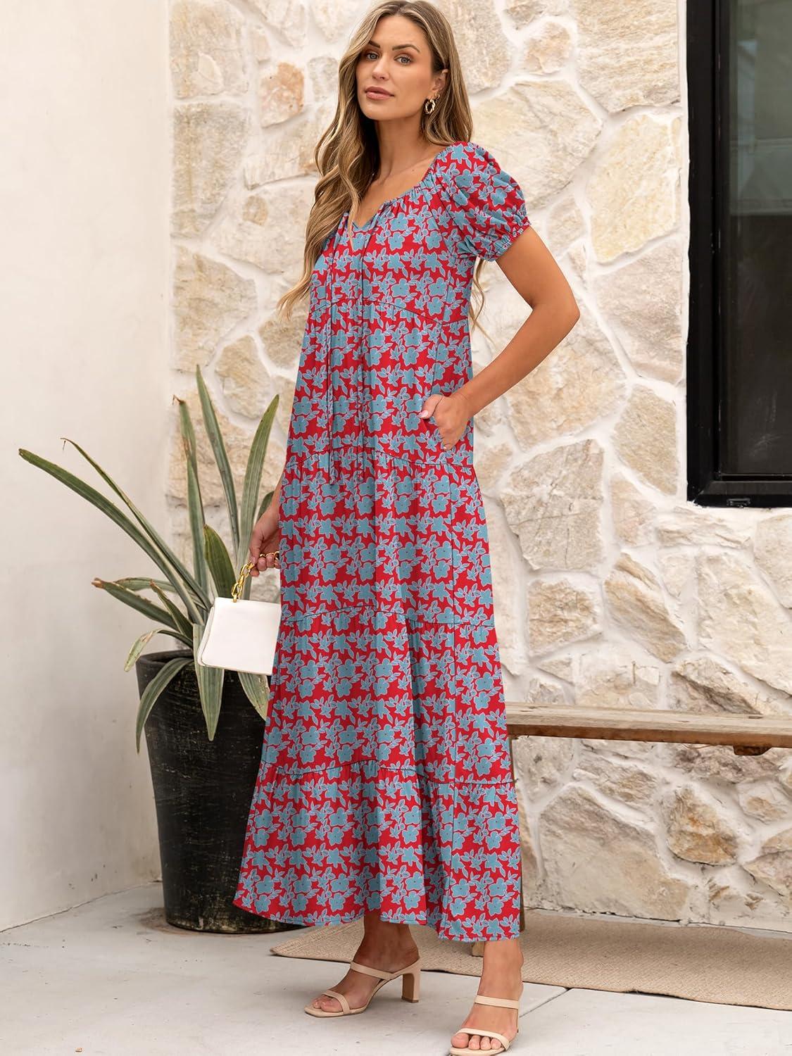 imageANRABESS Womens Boho Maxi Dresses 2025 Summer Casual Floral Puff Short Sleeve Tie Front Flowy Swing Tiered Long Beach DressRed Blue